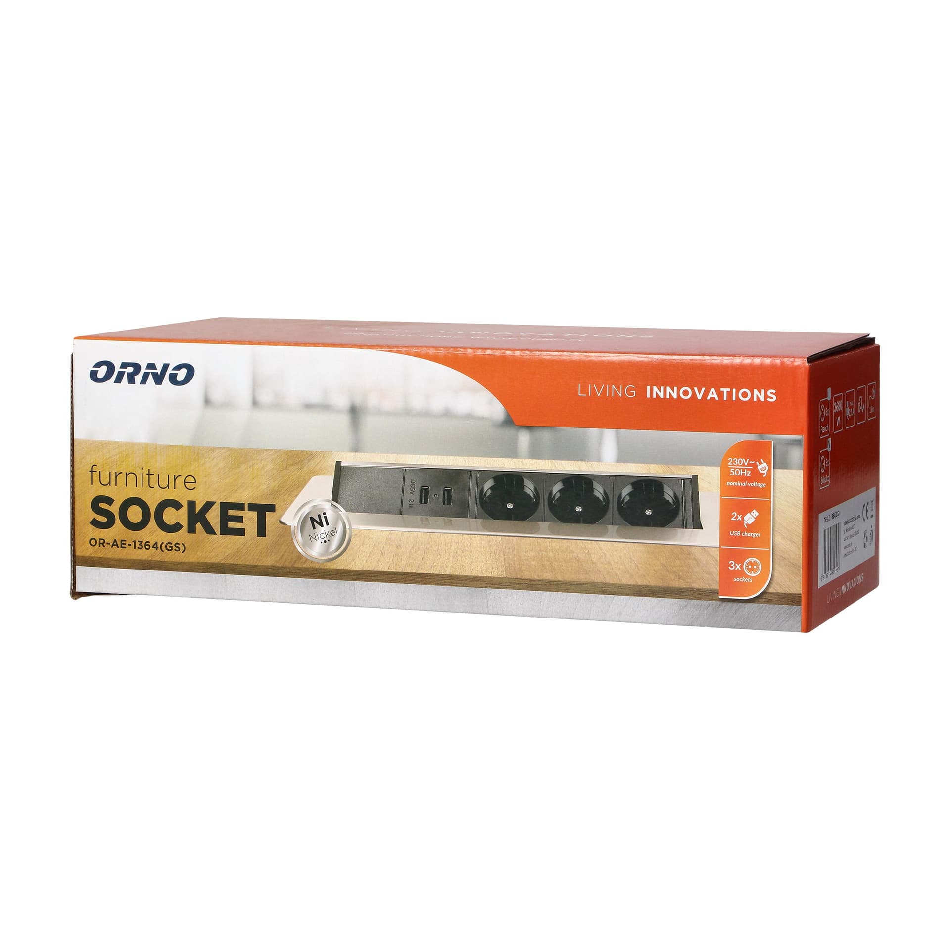 

Gniazdo meblowe wpuszczane w blat w niklowanej obudowie z ładowarką USB i przewodem 1,8m, 3x2P+Z (Schuko), 2xUSB, Schuko)/2xus