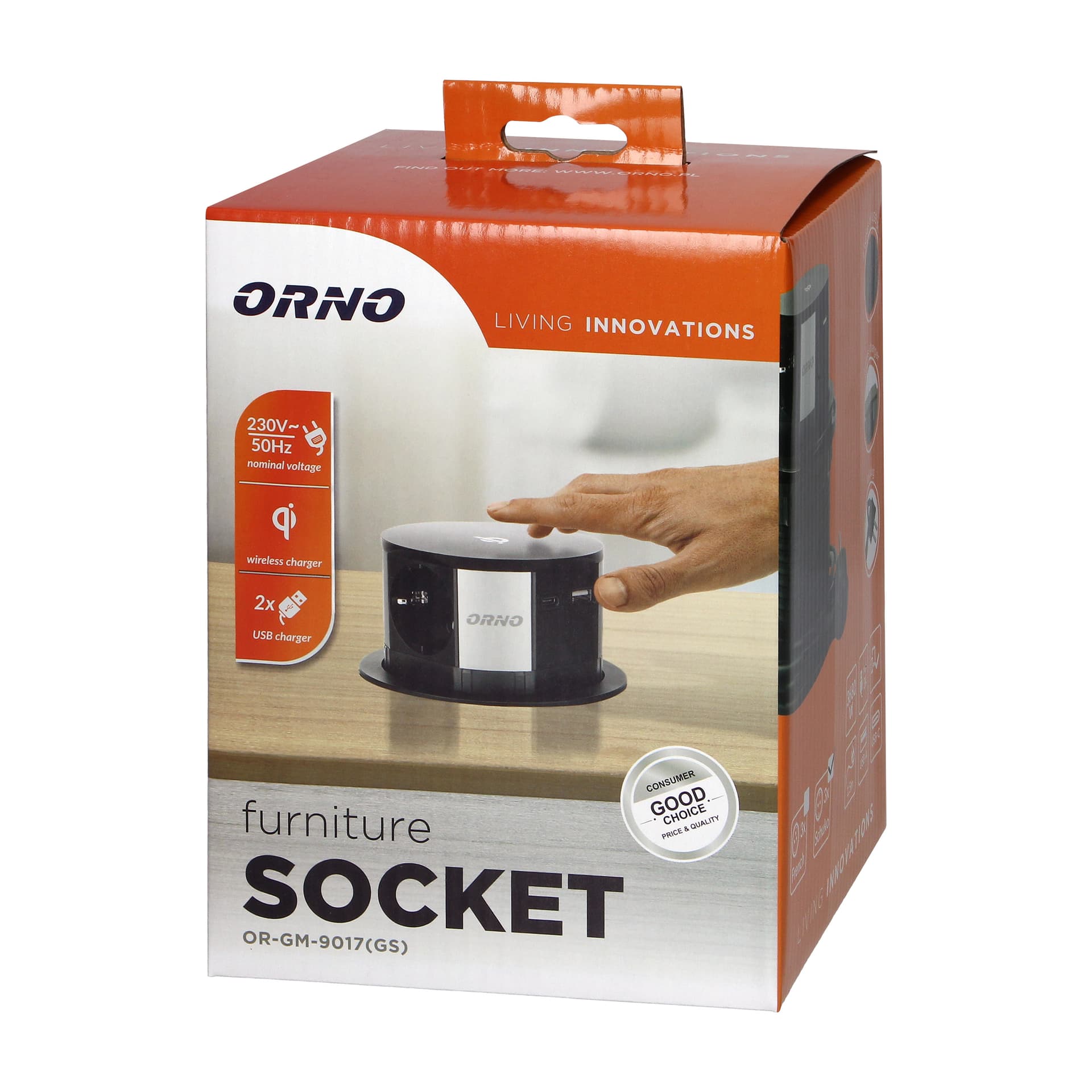 

Gniazdo meblowe 10cm wysuwane z blatu z ładowarką indukcyjną, ładowarką USB i przewodem 1,5m, 3x2P+Z (Schuko), Qi 1.2.4 max. 10W, 2xUSB QC 3.0