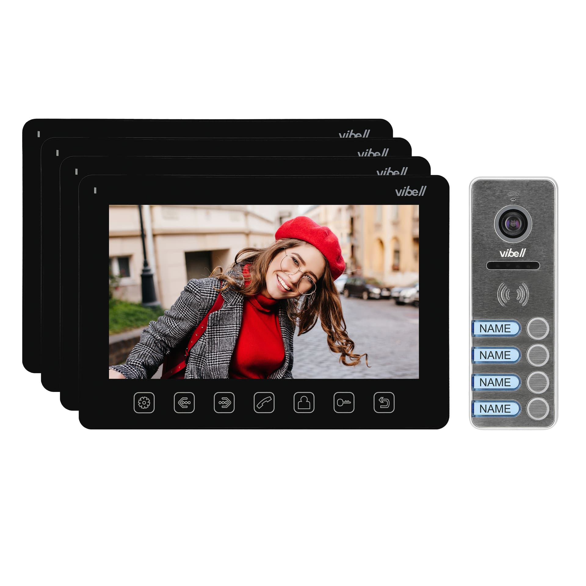 

Zestaw wideodomofonowy 4-rodzinny, bezsłuchawkowy, kolor, LCD 7", menu OSD, sterowanie bramą, czarny NOVEO MULTI4