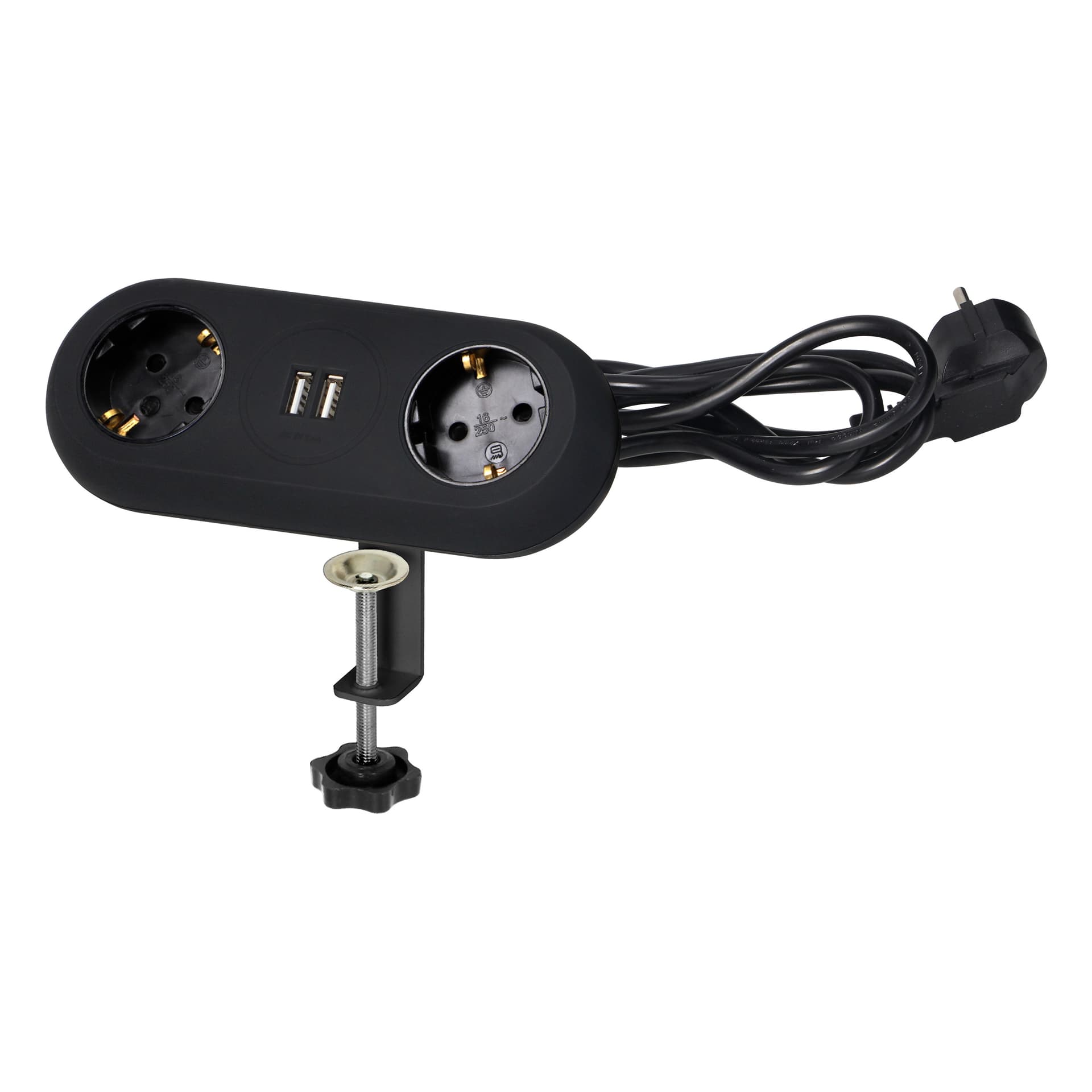 

Gniazdo meblowe z uchwytem montażowym, ładowarką USB, 2 gniazda 2P+Z (Schuko), 2xUSB, przewód 3x1,5mm - 1,4m, czarne, Schuko)/2xusb/czarn