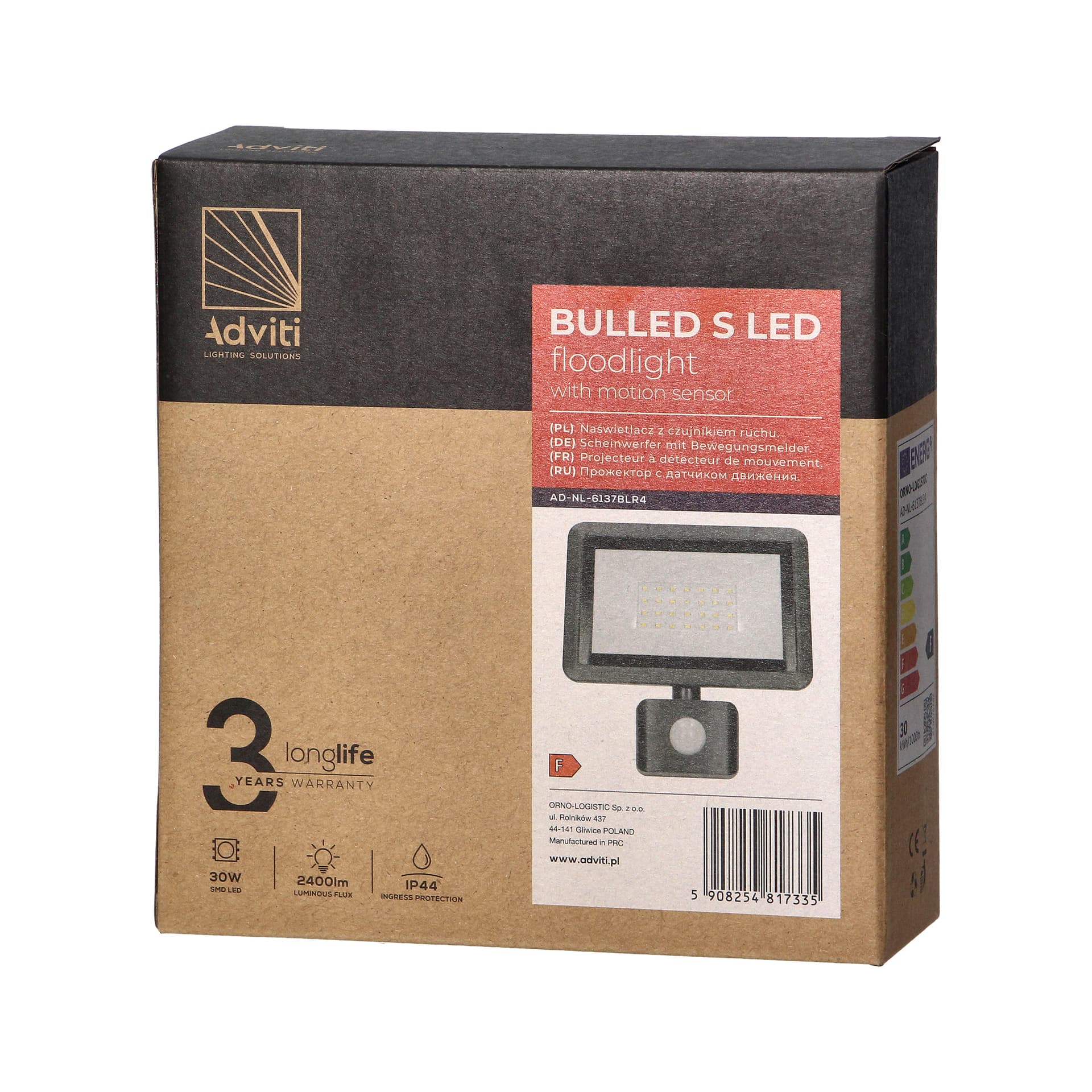 

BULLED S 30W naświetlacz z PIR, 2400lm, IP44, 4000K, aluminium + szkło
