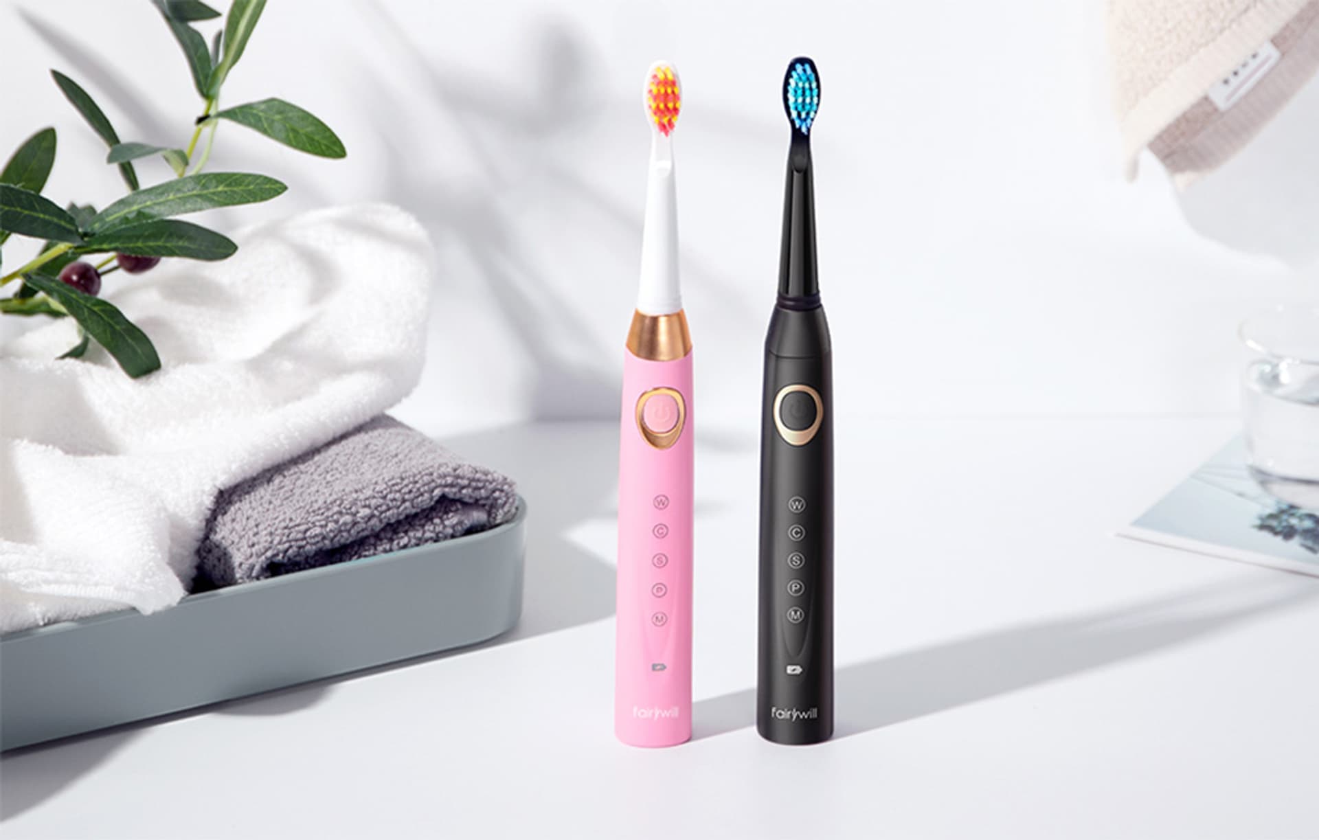 

Szczoteczki soniczne do zębów z zestawem końcówek i etui FairyWill FW-508 (Czarna i Różowa)