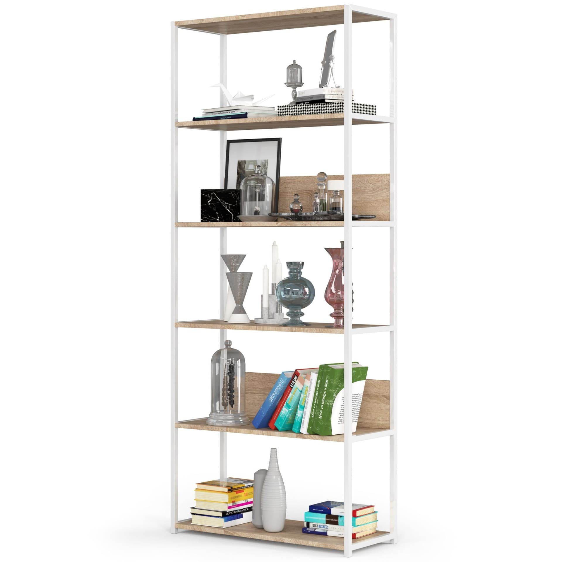 

Regał loftowy metalowy 80 cm - biały-dąb sonoma - 6 półek