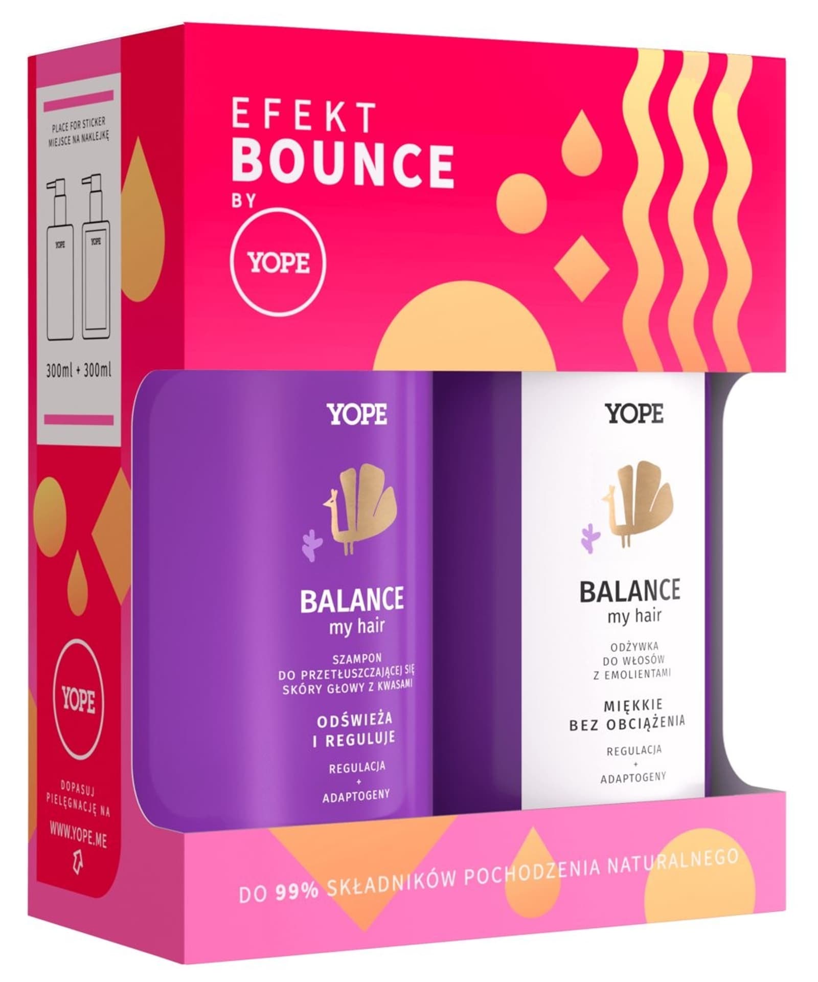 

Yope Efekt Bounce Balance My Hair zestaw szampon do przetłuszczającej się skóry głowy z kwasami 300ml + odżywka do włosów z emolientami 300ml
