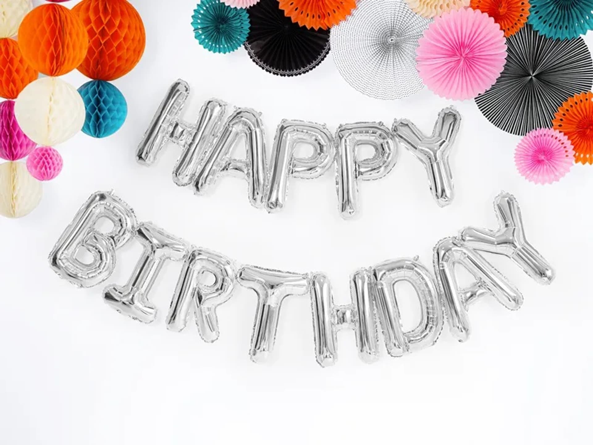 

Balon foliowy dekoracja urodzinowa Happy Birthday srebrna 340cm x 35cm