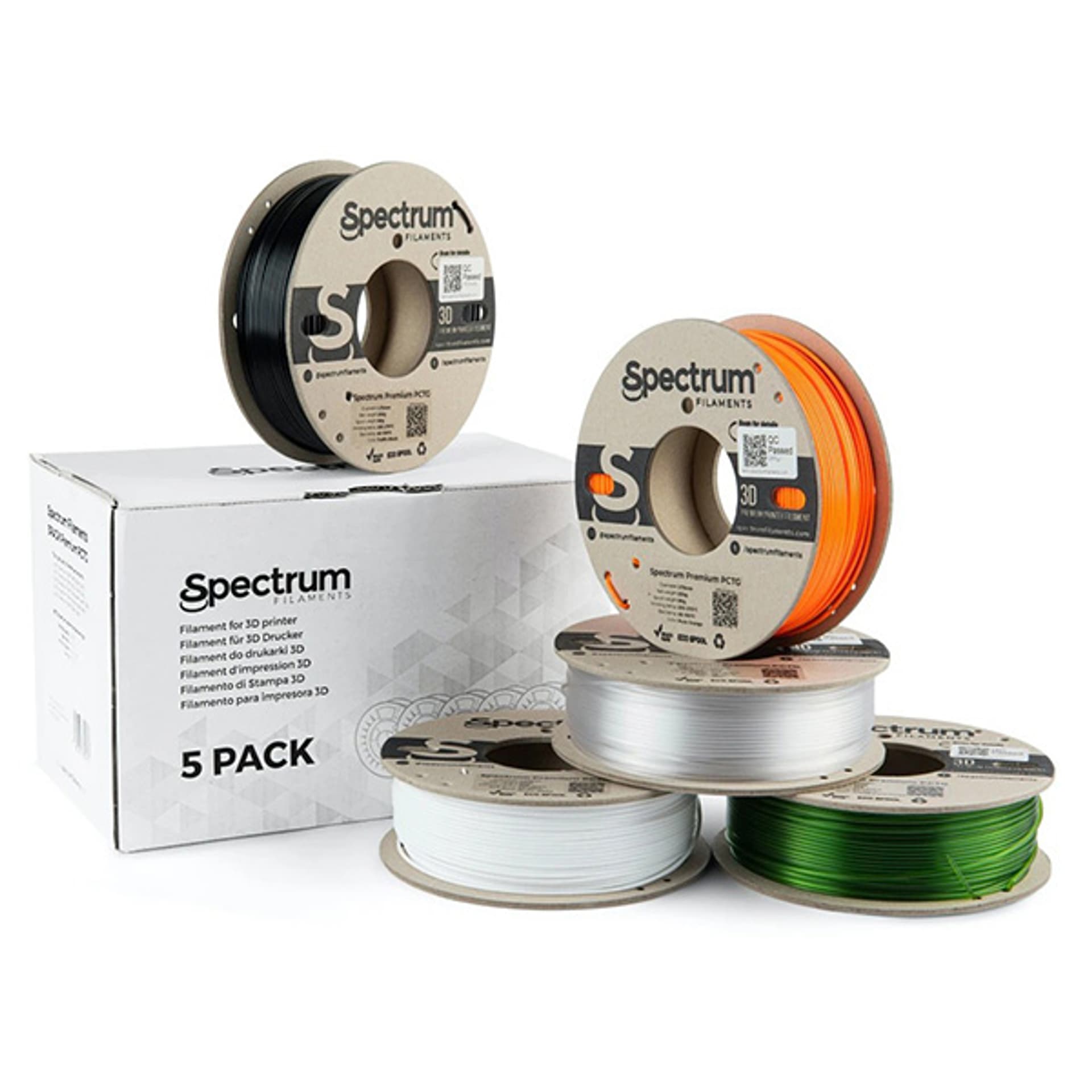 

Spectrum 3D filament, Premium PCTG, 1,75mm, 5x250g, 80751, mix Arctic White, Traffic Black, Pure Orange, Transparent Green, Premiu