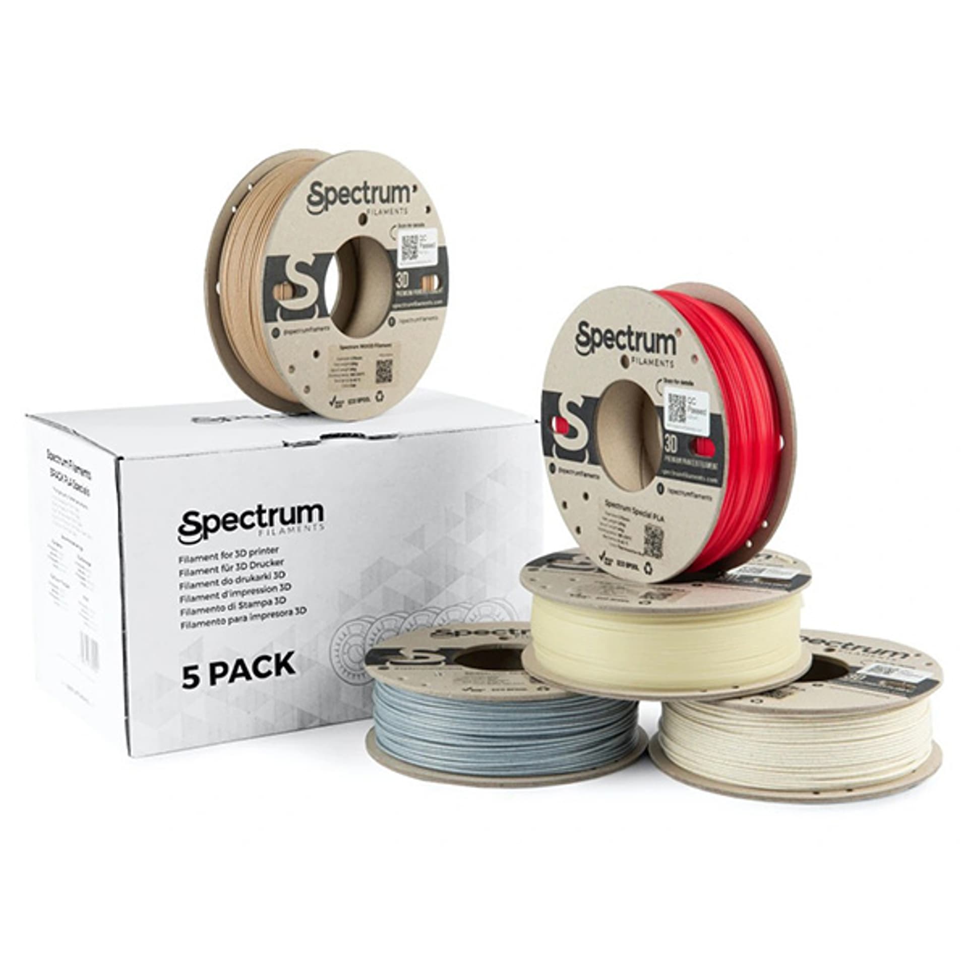 

Spectrum 3D filament, PLA specials, 1,75mm, 5x250g, 80754, mix Stone Light, Stone Dark, Thermoactiv Red, Wood OAK, Glow Green