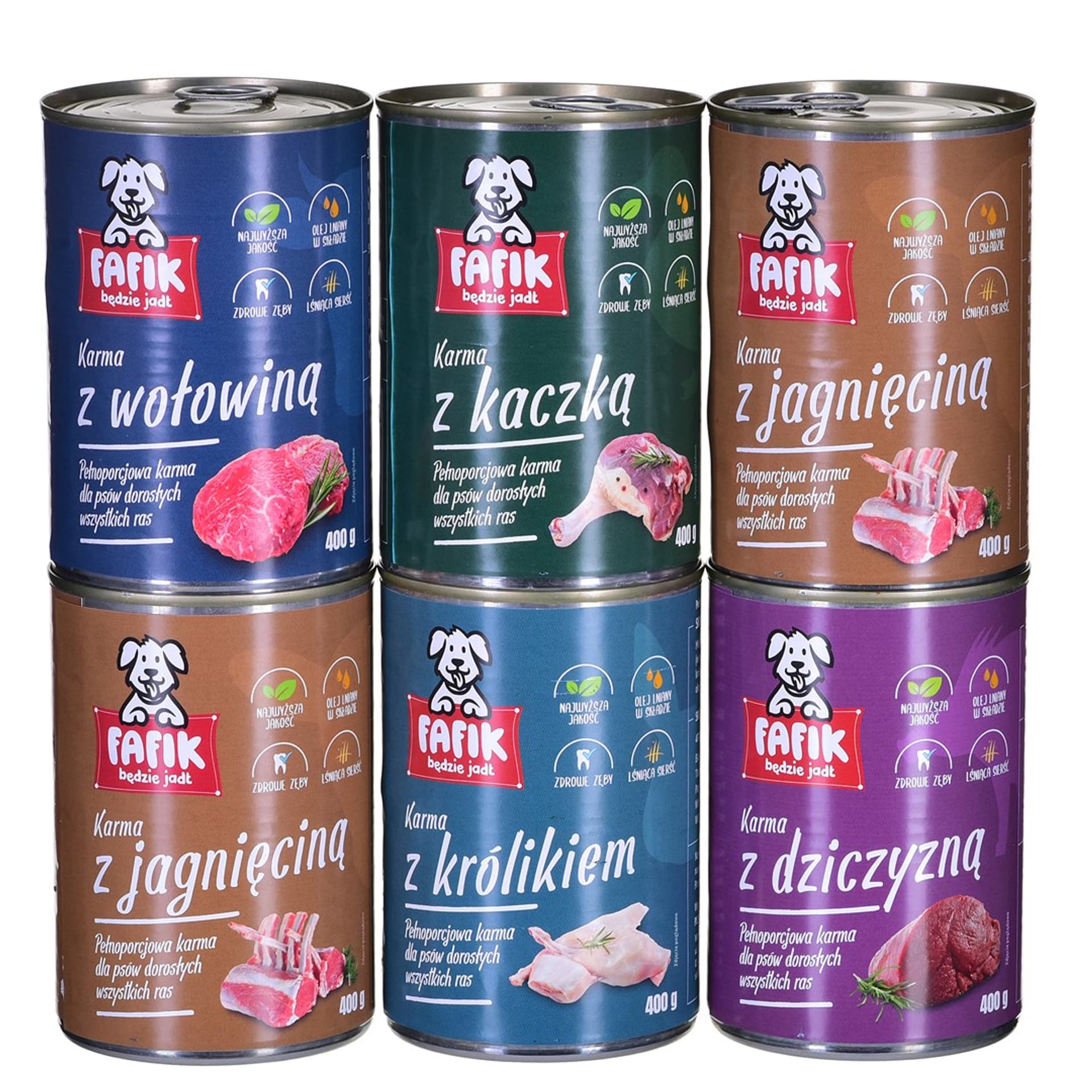 

Fafik mix 5 smaków 2 x jagnięcina i 1x królik, kaczka, wołowina, dziczyzna 6x400g