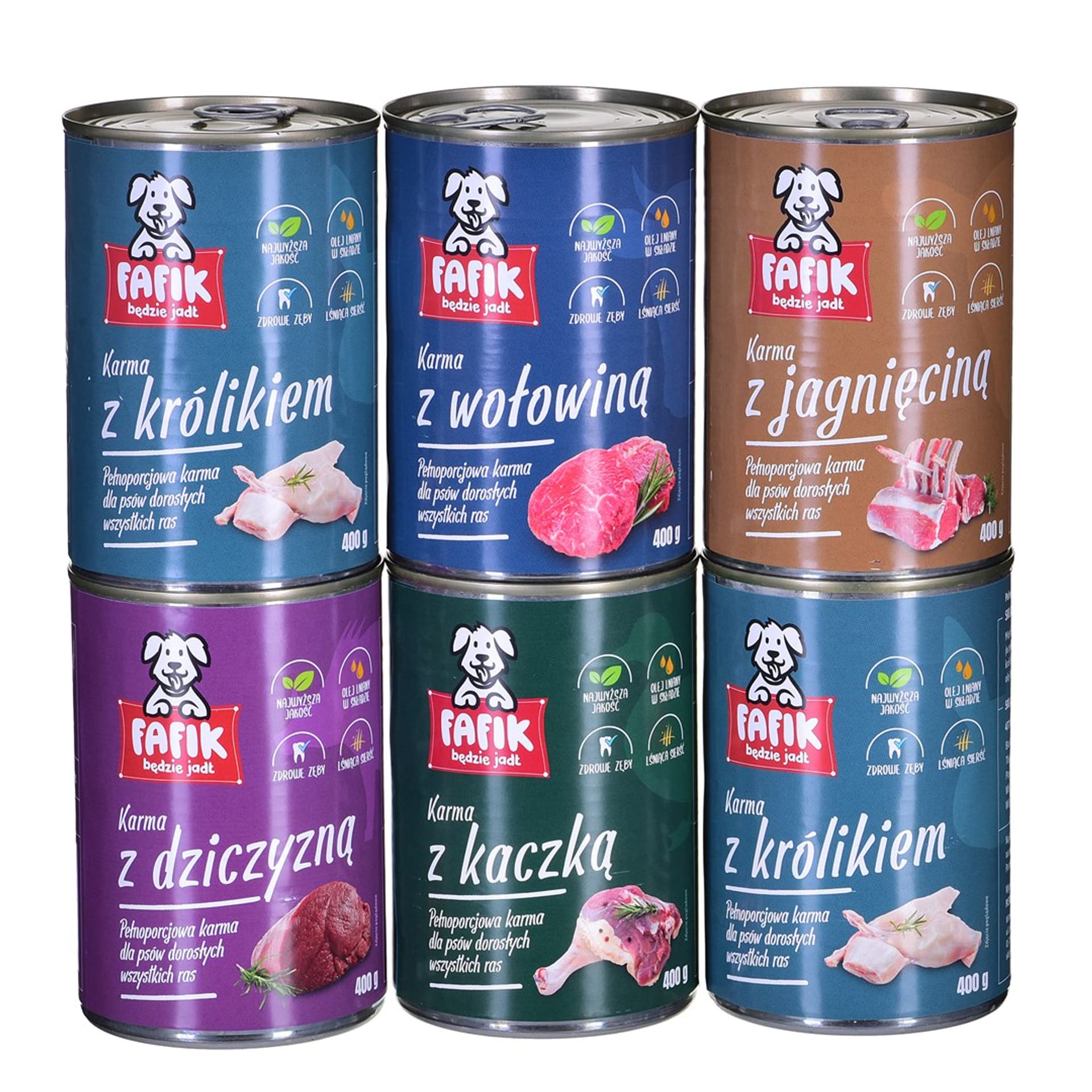 

Fafik mix 5 smaków 2 x królik i 1x kaczka, wołowina, dziczyzna, jagnięcina 6x400g