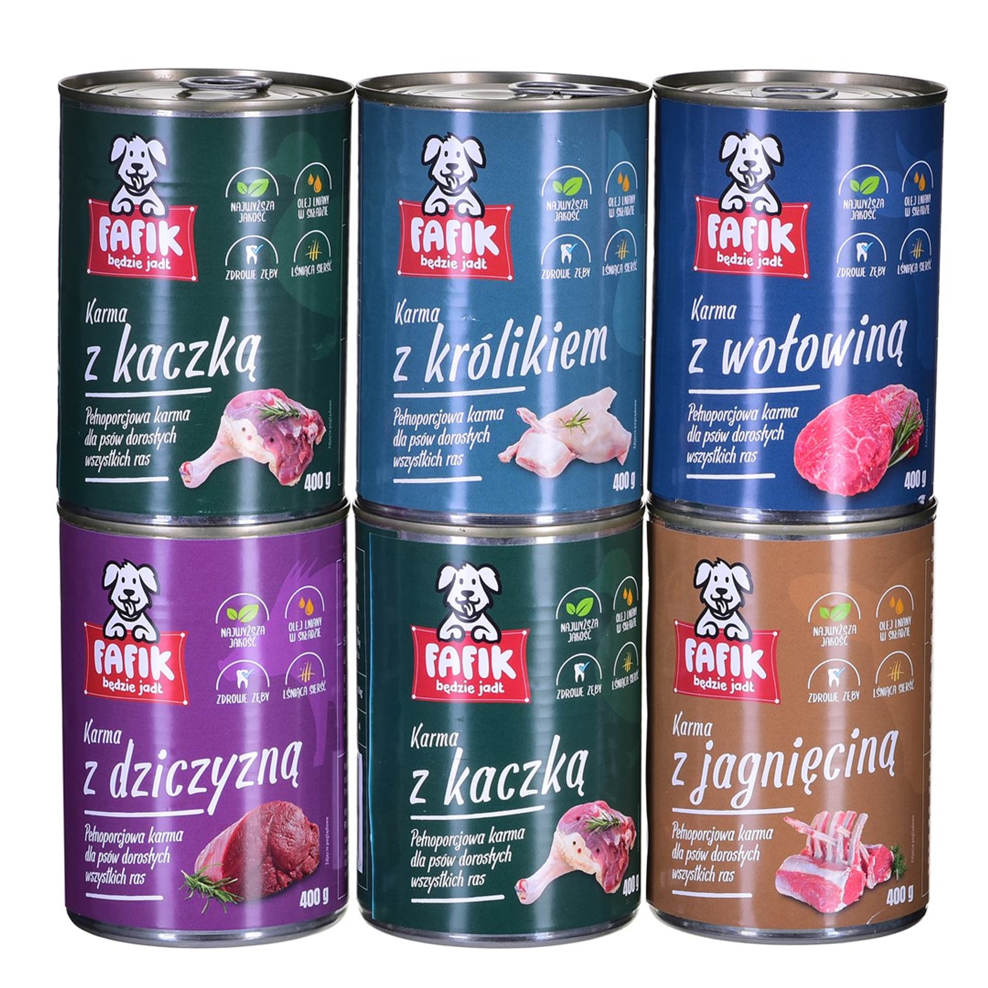 

Fafik mix 5 smaków 2 x kaczka i 1x wołowina, dziczyzna, jagnięcina, królik 6x400g