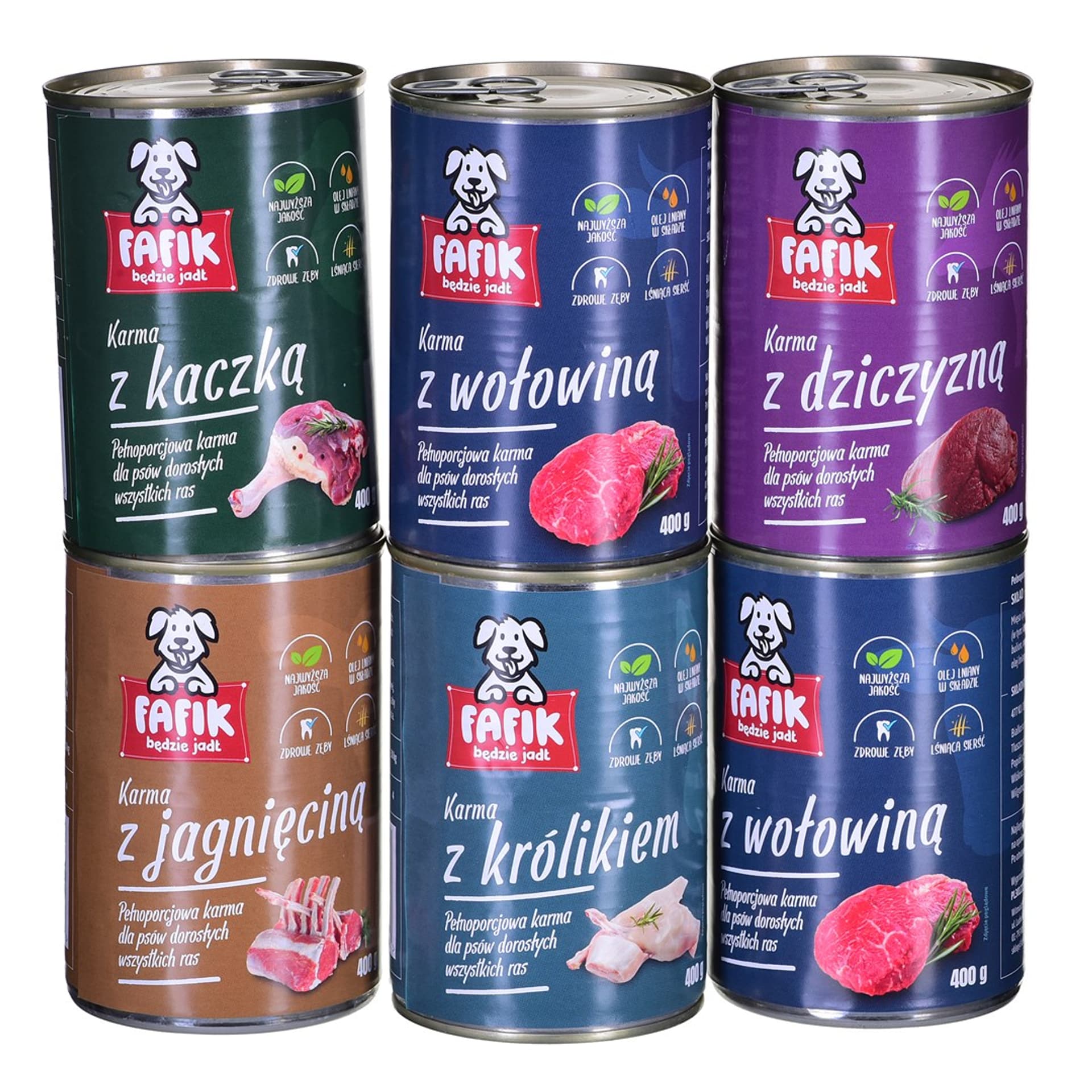

Fafik mix 5 smaków 2 x wołowina i 1x dziczyzna, jagnięcina, królik, kaczka 6x400g