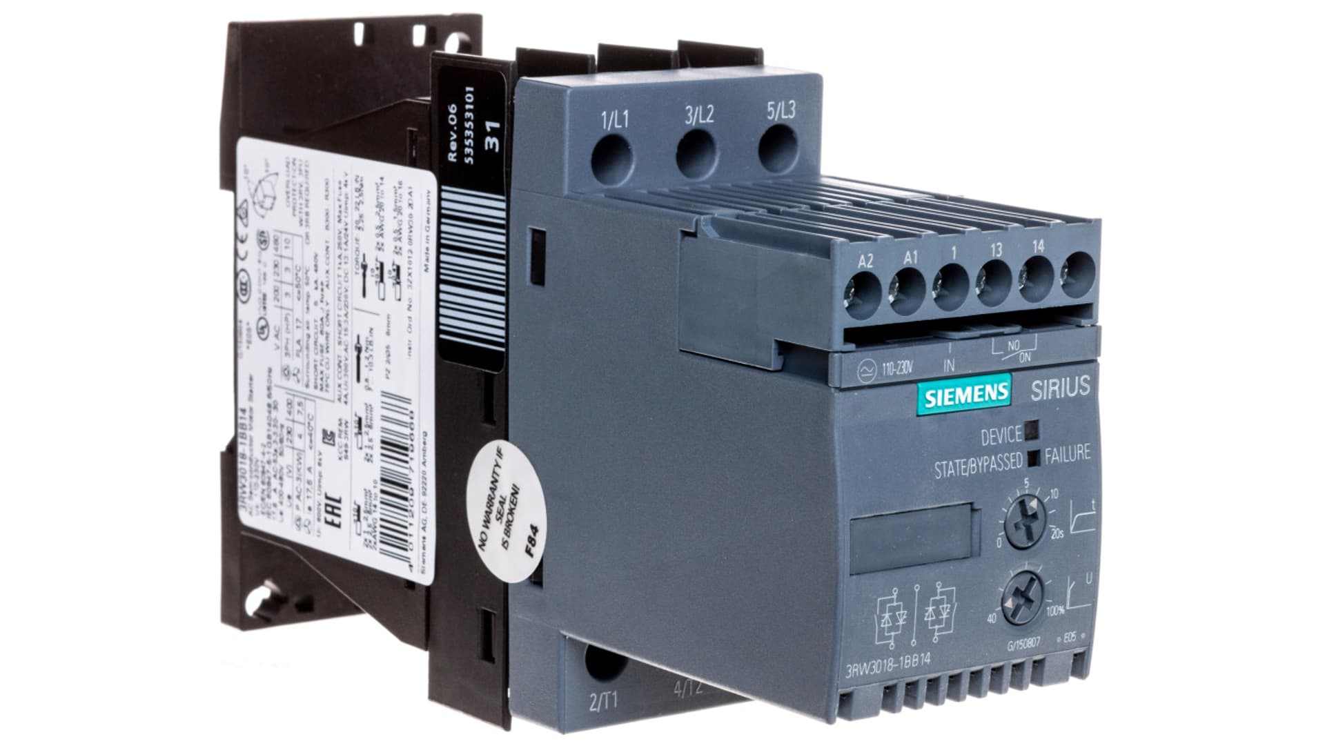 

Softstart 3-fazowy 200-480VAC 17,6A 7,5kW/400V Uc=110-230V AC/DC S00 3RW3018-1BB14