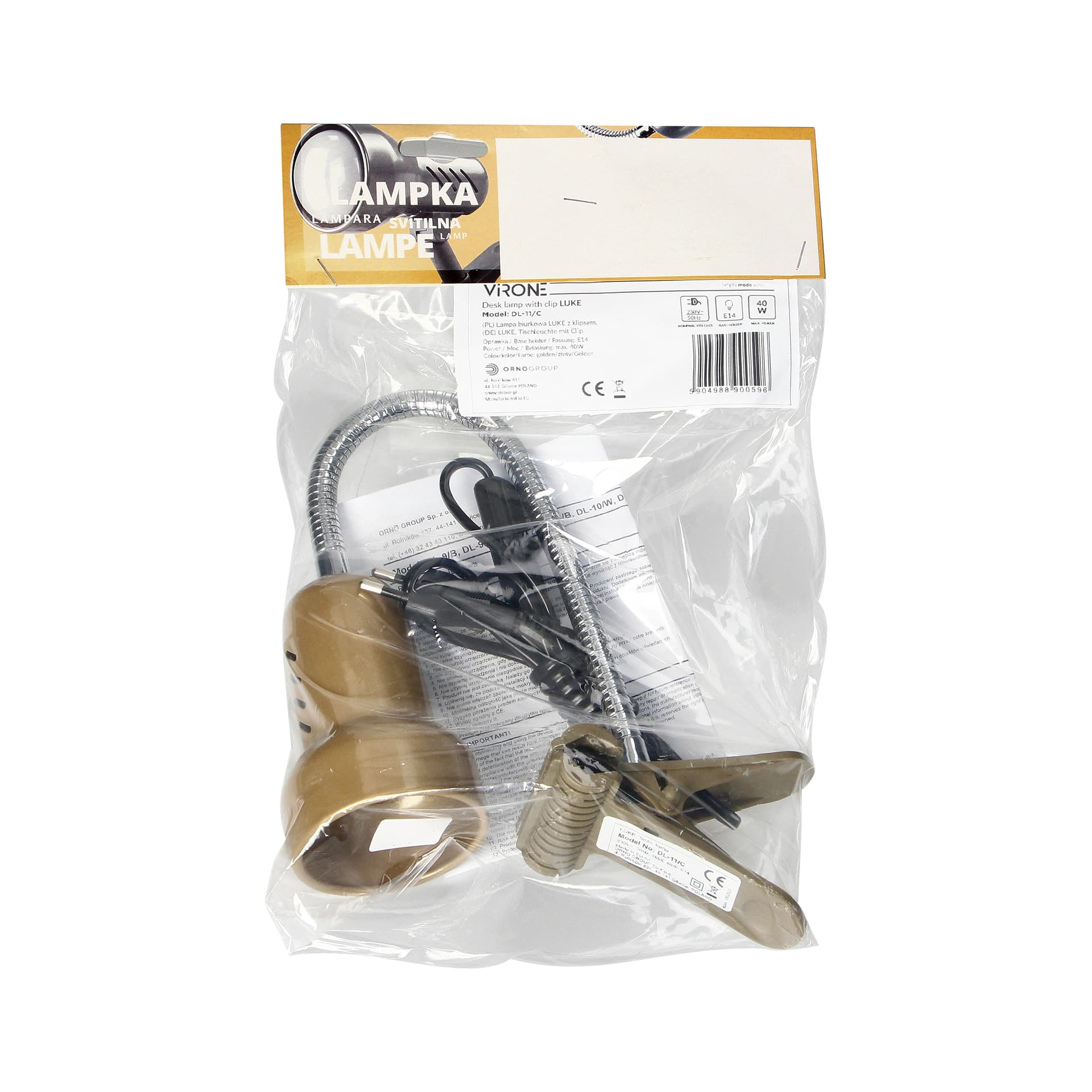 

LUKE, lampa biurkowa z klipsem, flex, 40W, E14, stal + tworzywo, złota