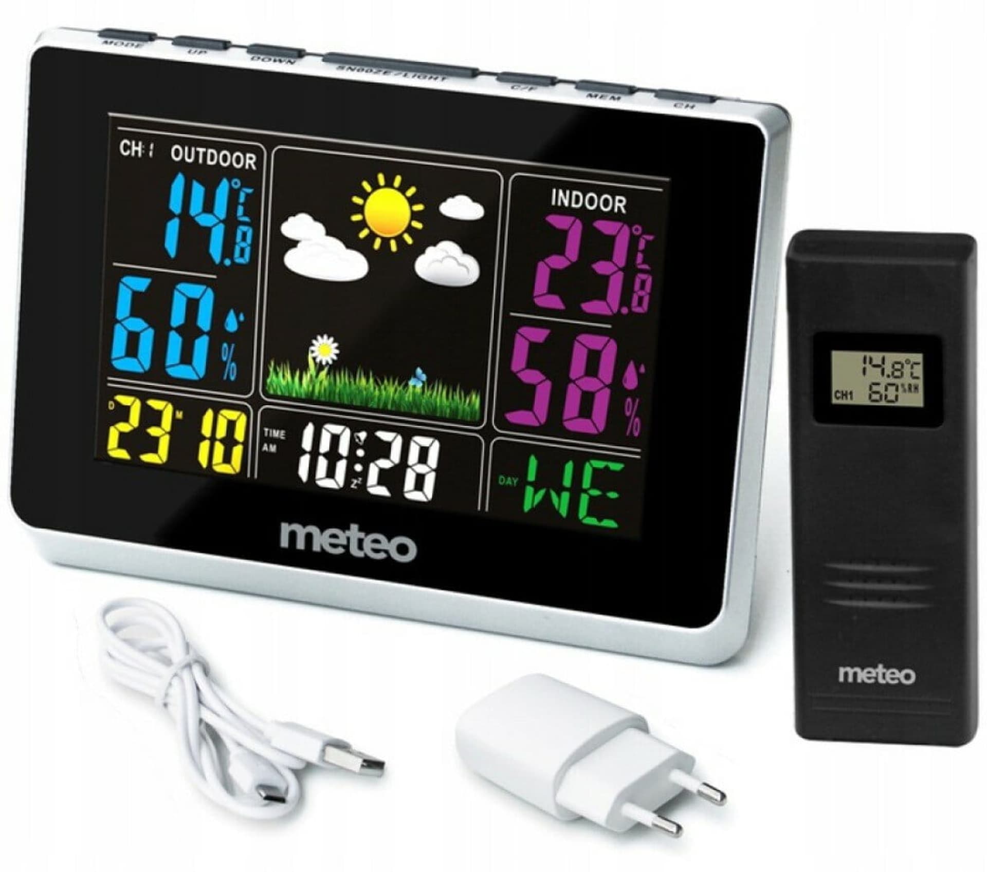 

Stacja pogody Meteo SP62S, czujnik, kol. wyśw. zegar, higrometr, srebrny