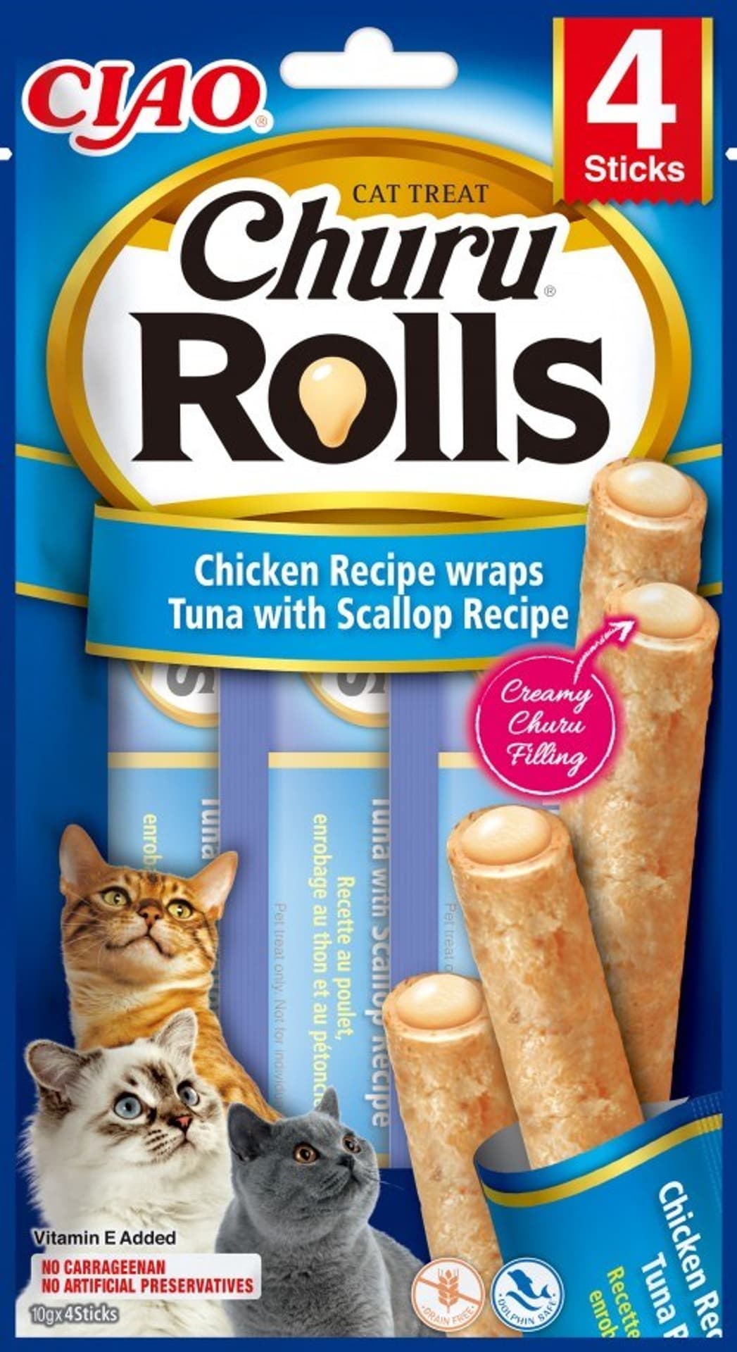 

Przysmak Inaba CHURU ROLLS Kurczak z tuńczykiem i przegrzebkiem dla kota 4x10g
