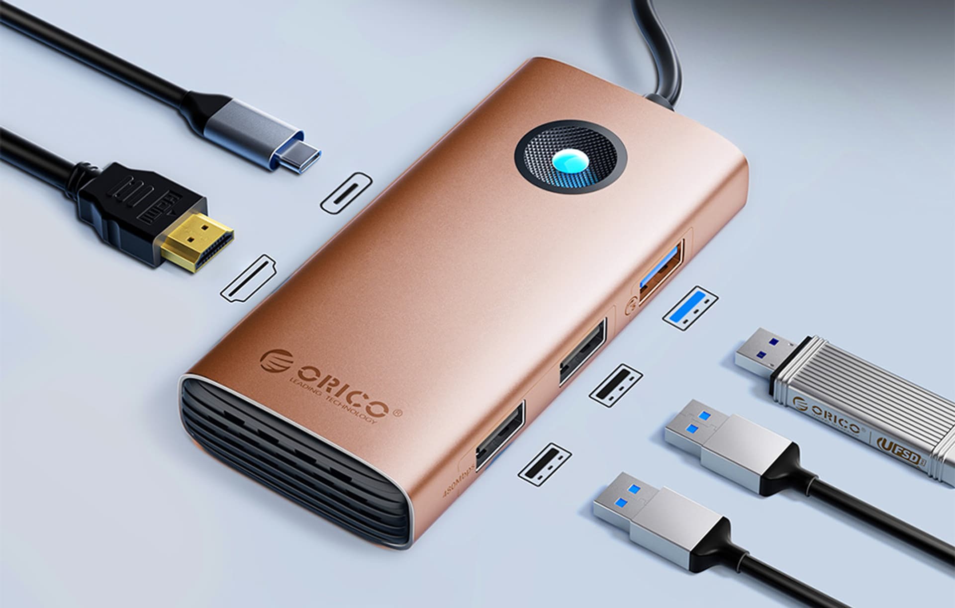 

Stacja dokująca HUB 5w1 Orico USB-C, HDMI, 2xUSB (różowe złoto)