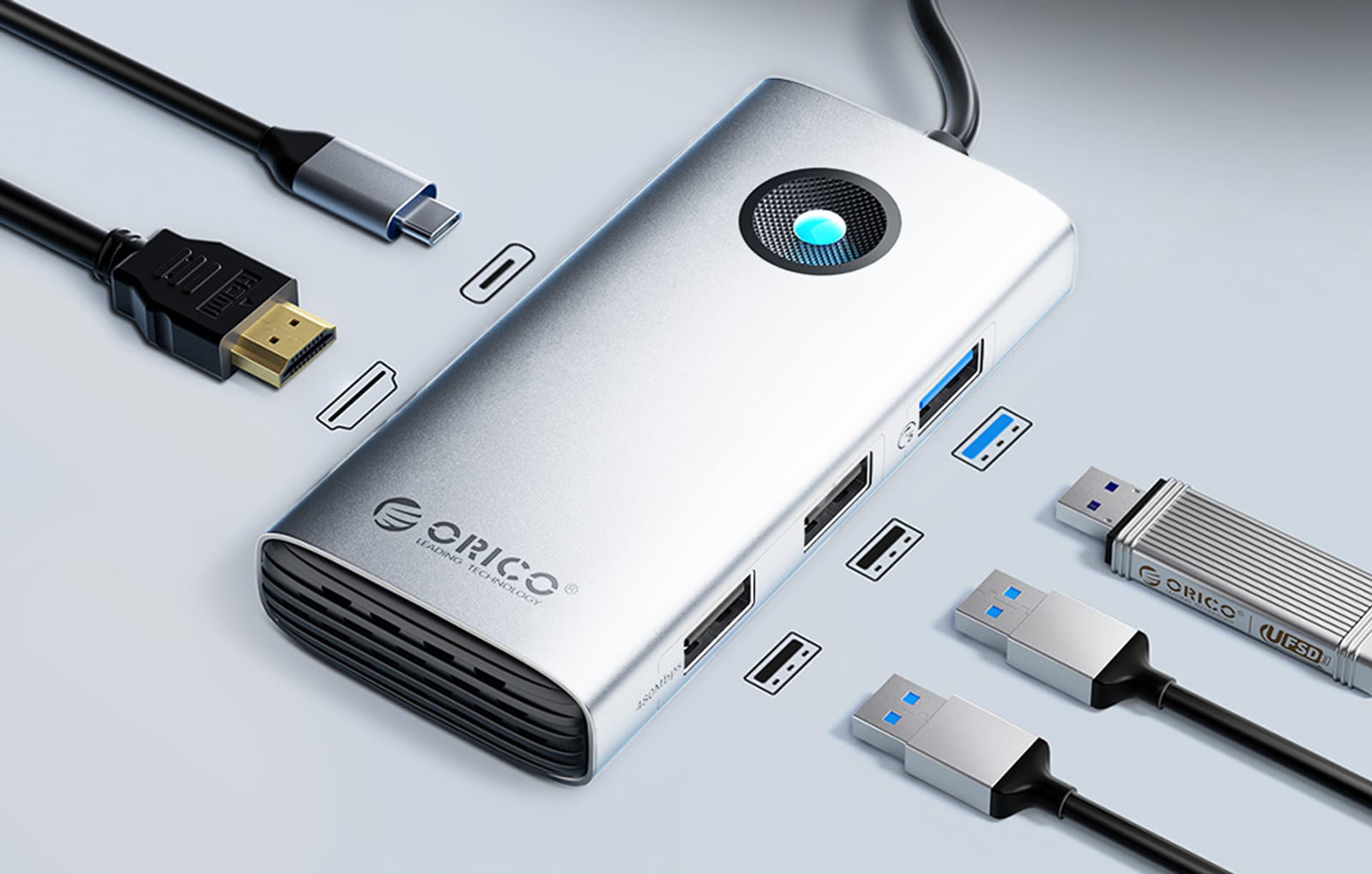 

Stacja dokująca HUB 5w1 Orico USB-C, HDMI, 2xUSB (srebrna)