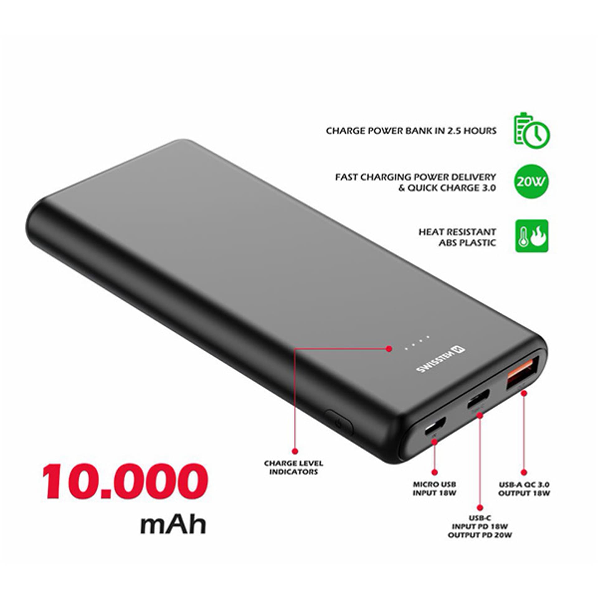 

SWISSTEN, Powerbank, POWER LINE, Li-Pol, 5/9/12V, do ładowania telefonów i innych urządzeń, 22013912, 10000mAh, microUSB, USB-A, U