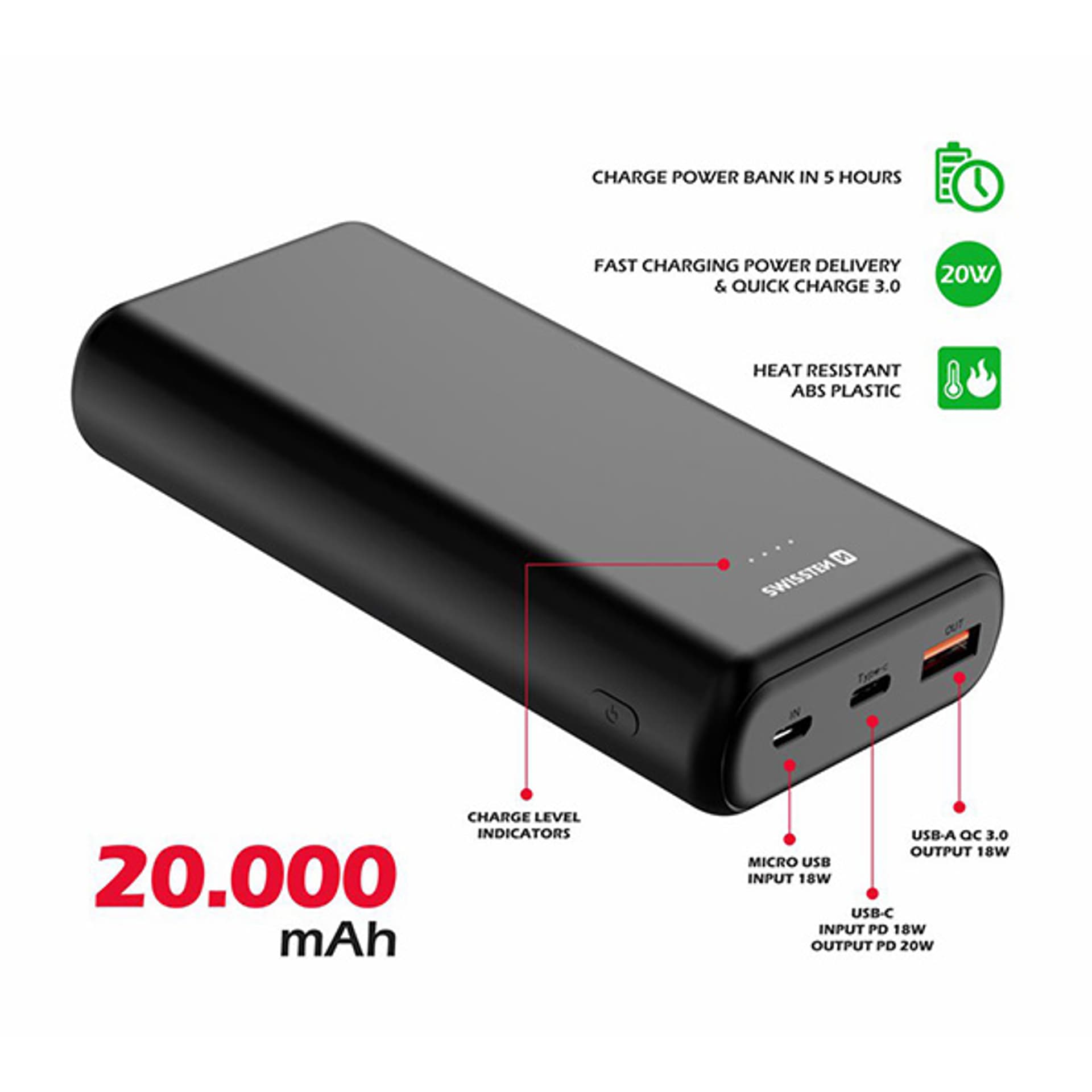 

SWISSTEN, Powerbank, POWER LINE, Li-Pol, 5/9/12V, do ładowania telefonów i innych urządzeń, 22013913, 20000mAh, microUSB, USB-A, U