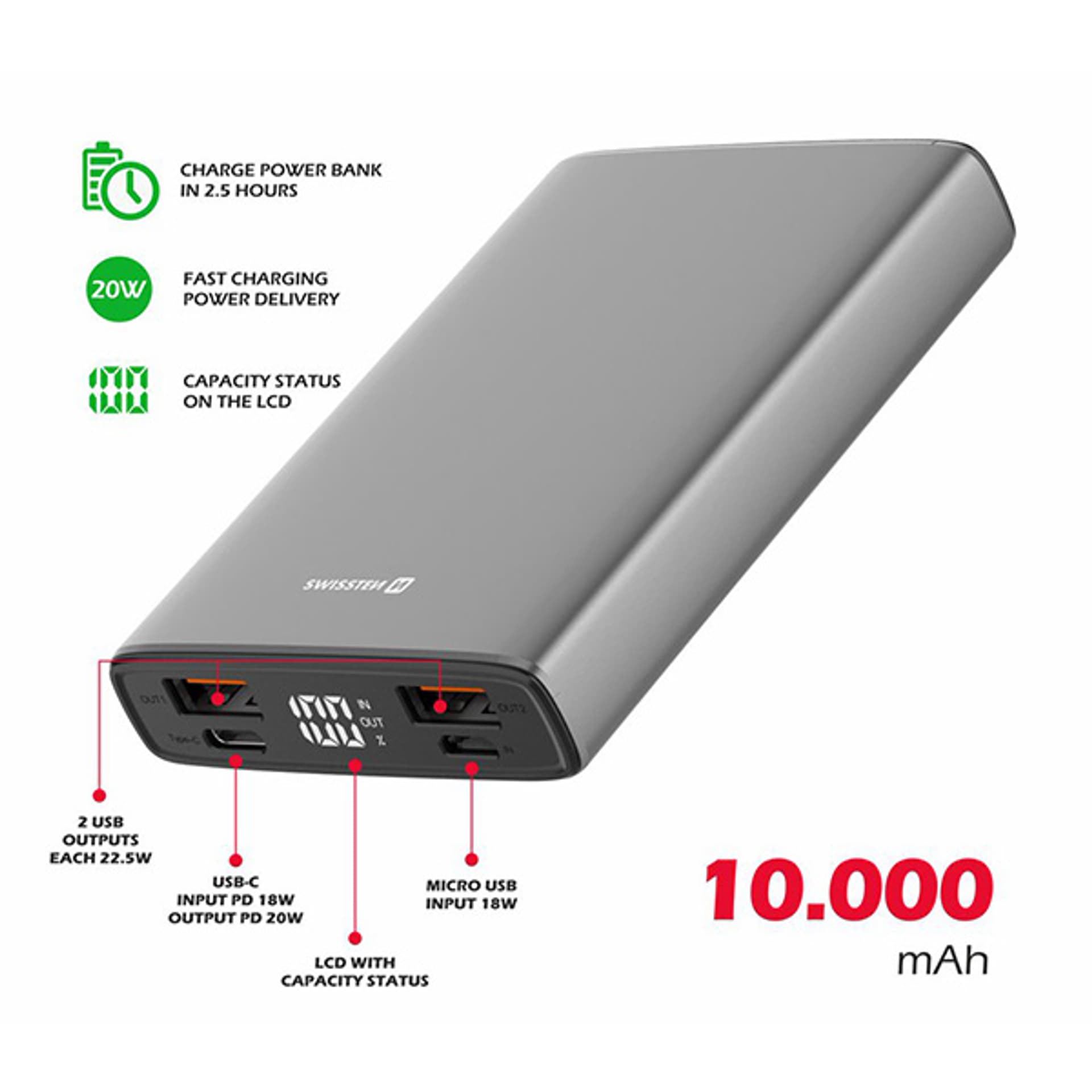 

SWISSTEN, Powerbank, ALUMINUM, Li-Pol, 5/9/12V, do ładowania telefonów i innych urządzeń, 22013915, 10000mAh, microUSB, 2x USB-A,