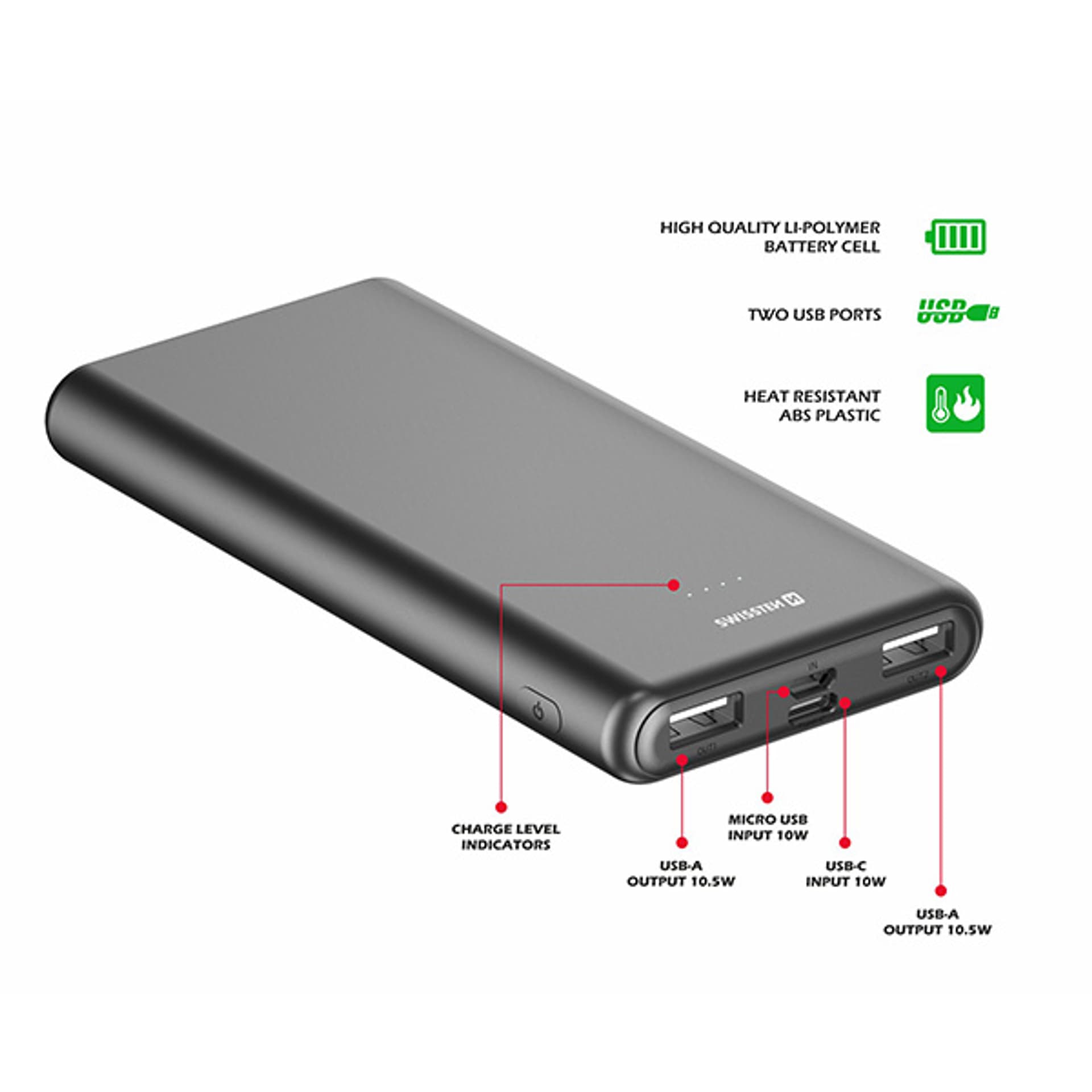 

SWISSTEN, Powerbank, WORX II, Li-Pol, 5V, ładowanie telefonów komórkowych, 22013960, 10000mAh, microUSB, 2x USB-A, USB-C, czarna