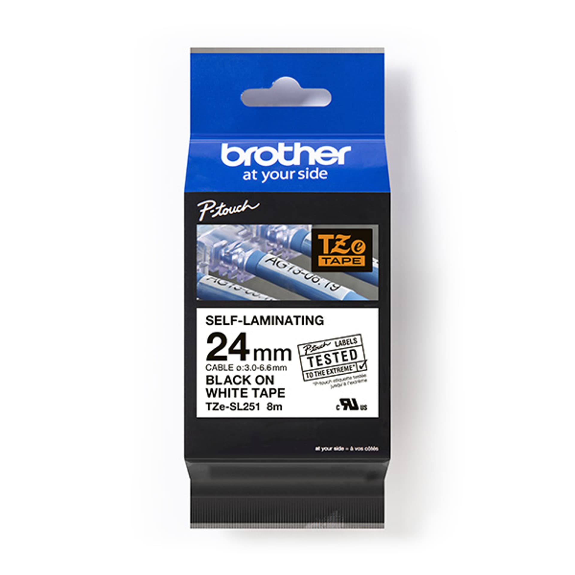 

Brother oryginalny taśma do drukarek etykiet, Brother, TZE-SL251, czarny druk/biały podkład, laminowane, 8m, 24mm