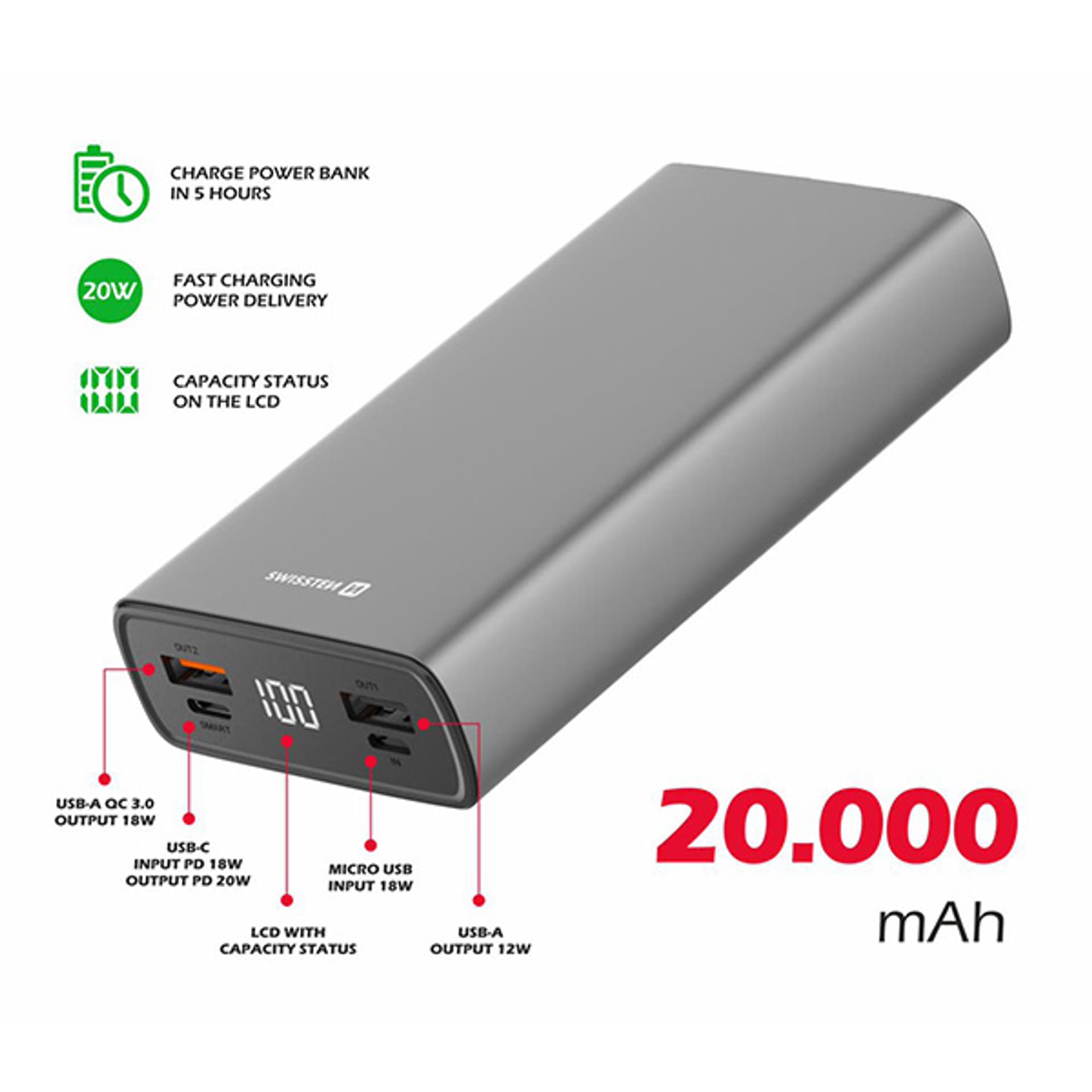 

SWISSTEN, Powerbank, ALUMINUM, Li-Pol, 5/9/12V, do ładowania telefonów i innych urządzeń, 22013916, 20000mAh, microUSB, 2x USB-A,