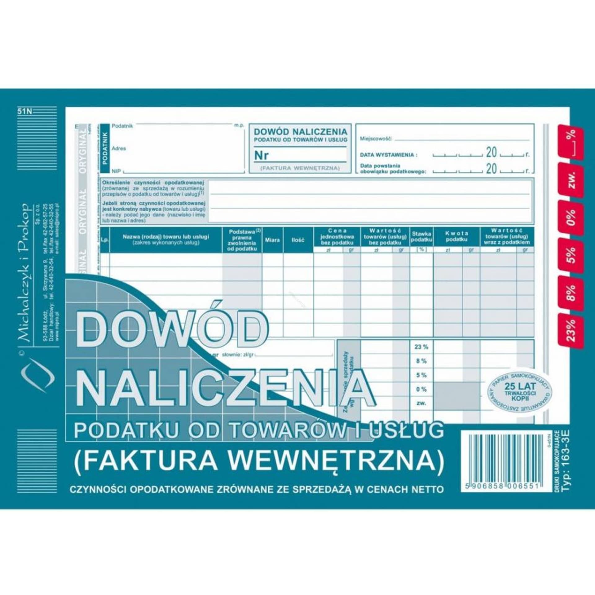 

163-3E Faktura VAT A5-wewnętrzna dowód naliczenia podatku od towarów i usług Michalczyk i Prokop