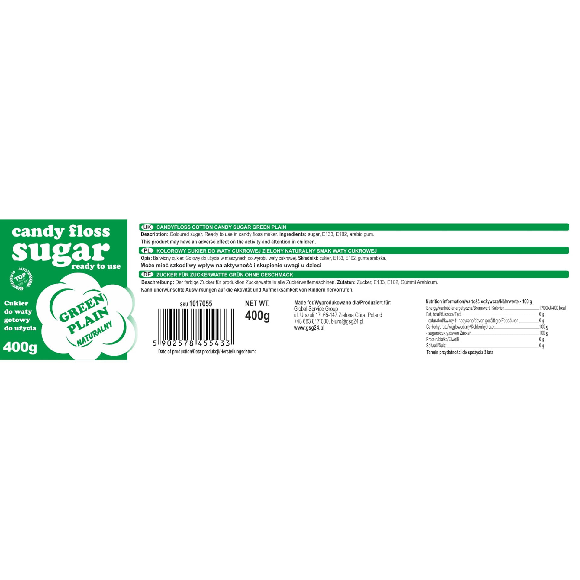 

Kolorowy cukier do waty cukrowej zielony o smaku naturalnym 400g