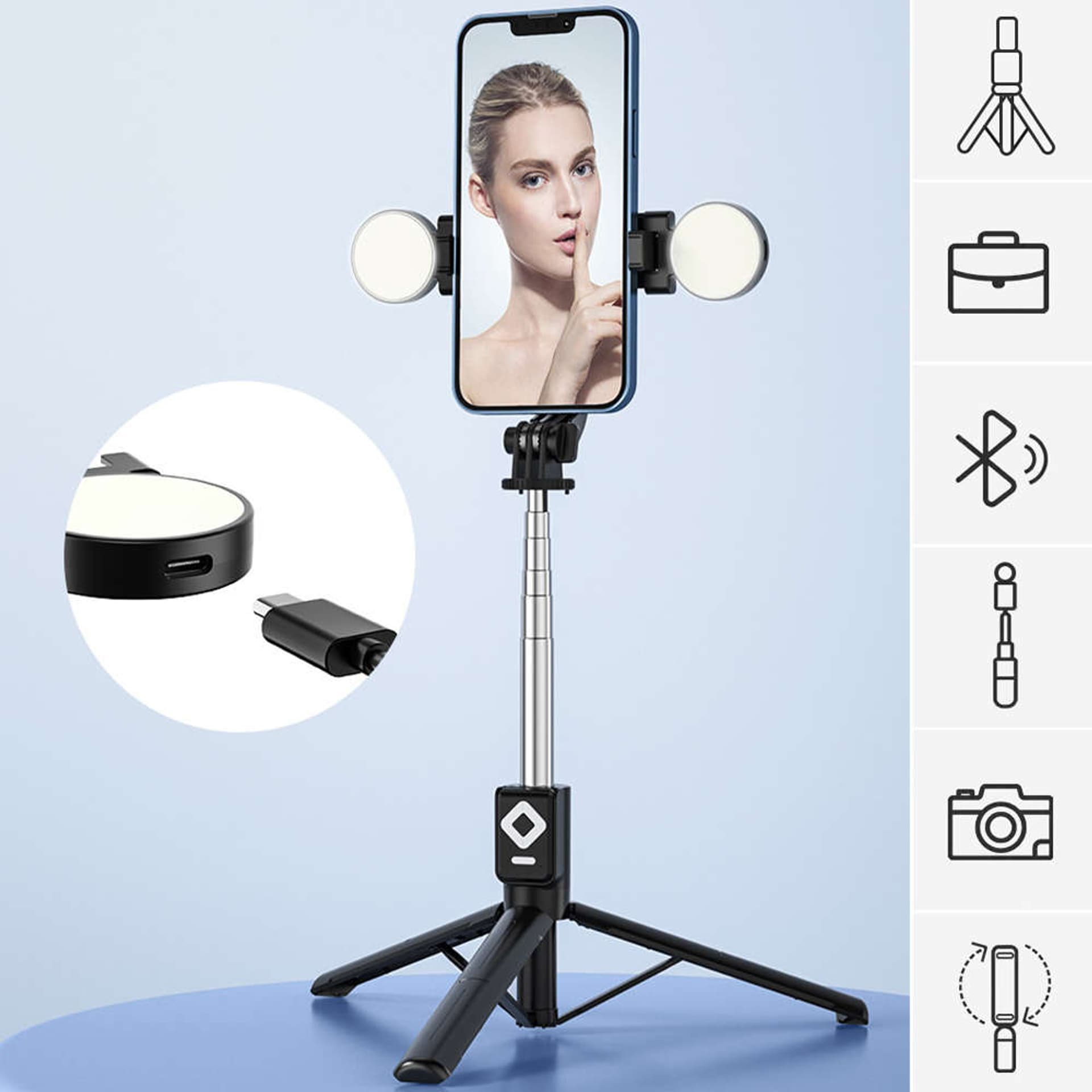 

Selfie stick Uchwyt z statywem z podwójną lampą Ring LED Tripod z pilotem Czarny