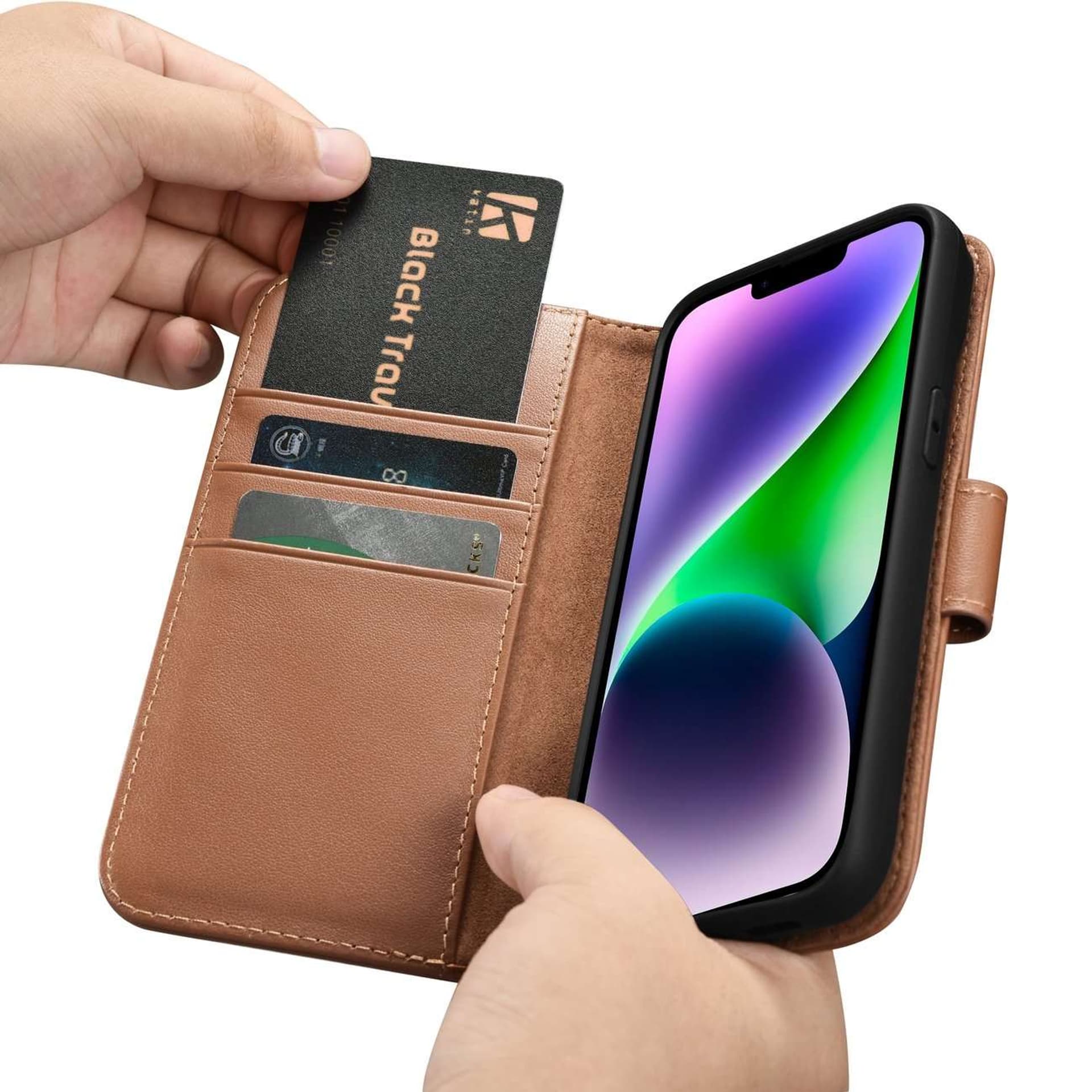 

iCarer Wallet Case 2in1 etui iPhone 14 Plus skórzany pokrowiec z klapką Anti-RFID brązowy (WMI14220727-BN)