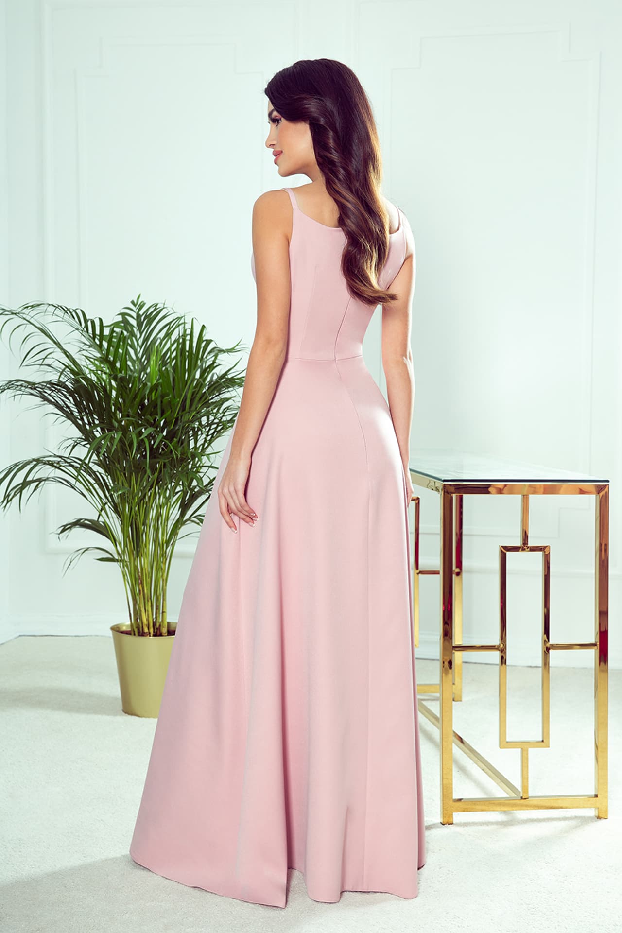 

299-2 CHIARA elegancka maxi długa suknia na ramiączkach - PUDROWY RÓŻ (kolor Brudny róż, rozmiar XL)
