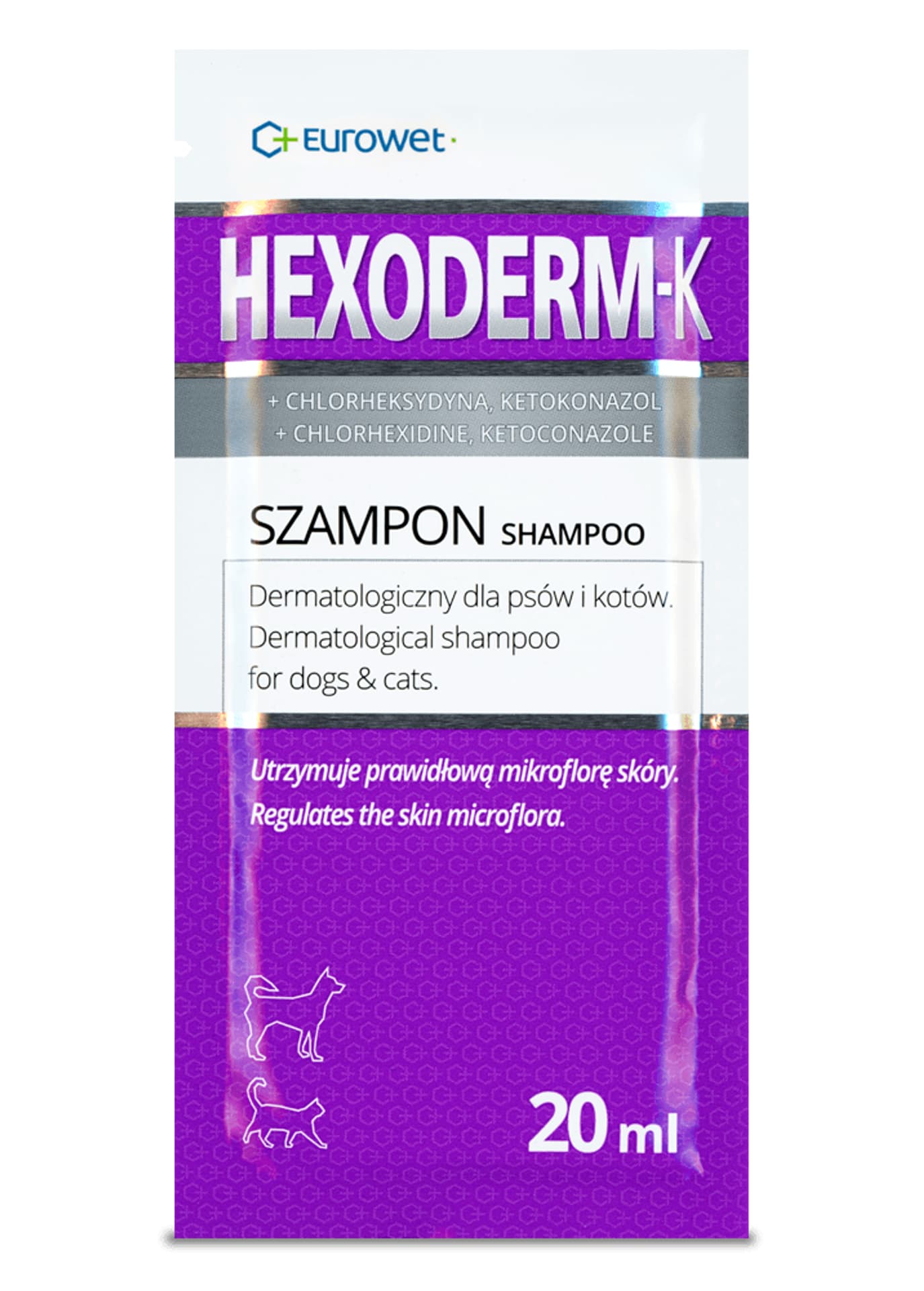 

EUROWET Hexoderm K - dermatologiczny szampon dla psów i kotów z chlorheksydyną i ketokonazolem, saszetka 20ml