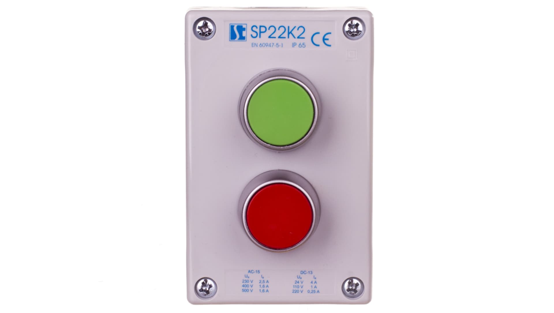 

Kaseta sterownicza 2-otworowa z przyciskami zielony/czerwony szara IP65 SP22K2\01-1
