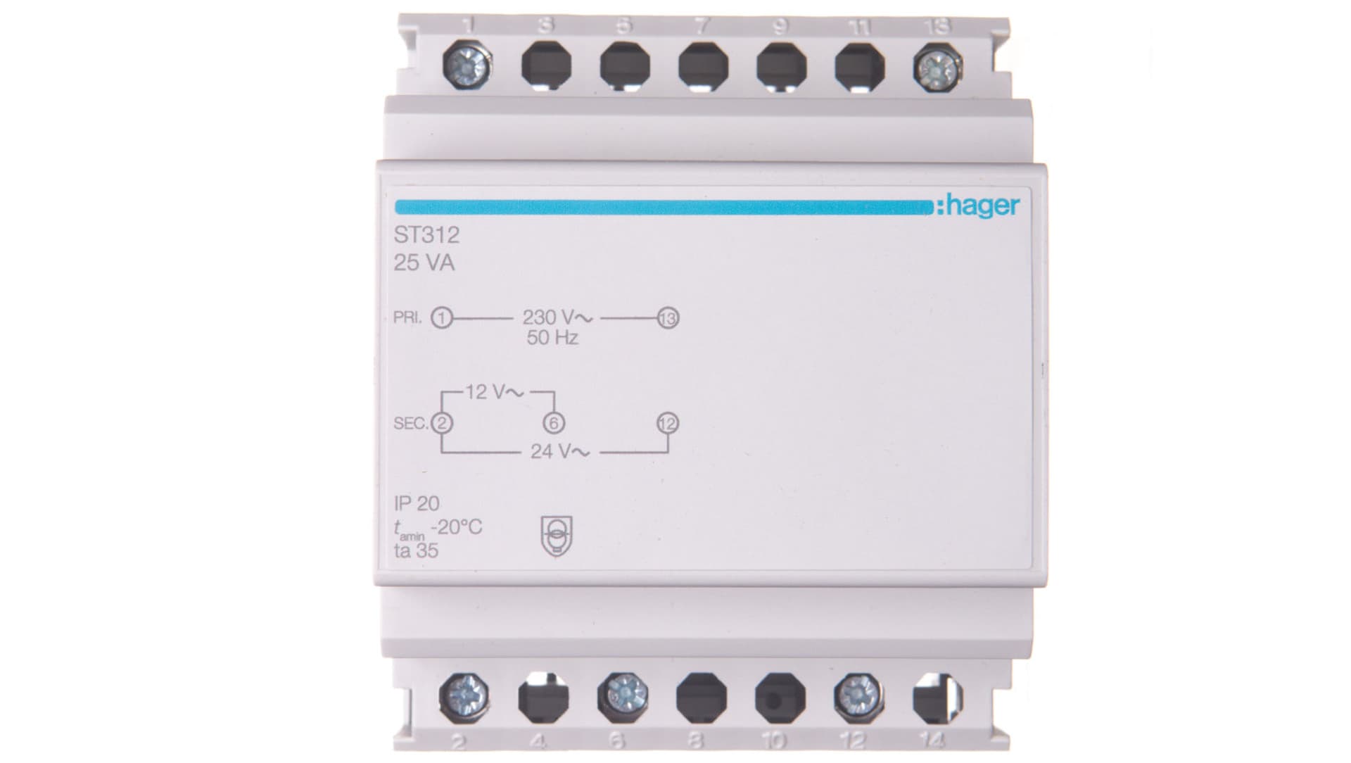 

Transformator bezpieczeństwa modułowy 230/12-24V AC 1,04-2,08A 25VA IP20 ST312