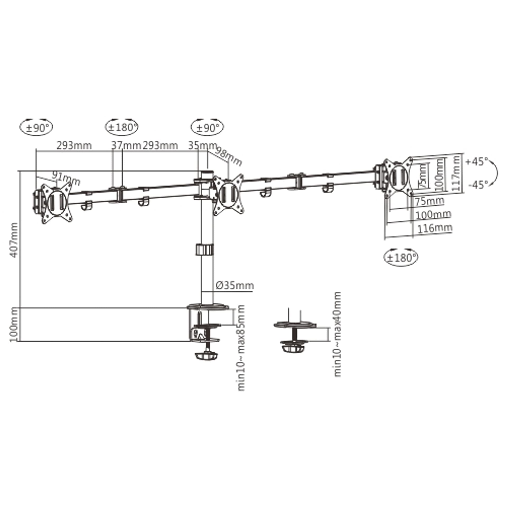 

GEMBIRD BIURKOWE REGULOWANE RAMIĘ/UCHWYT NA 3 MONITORY 17-27, 100X100MM, DO 7KG