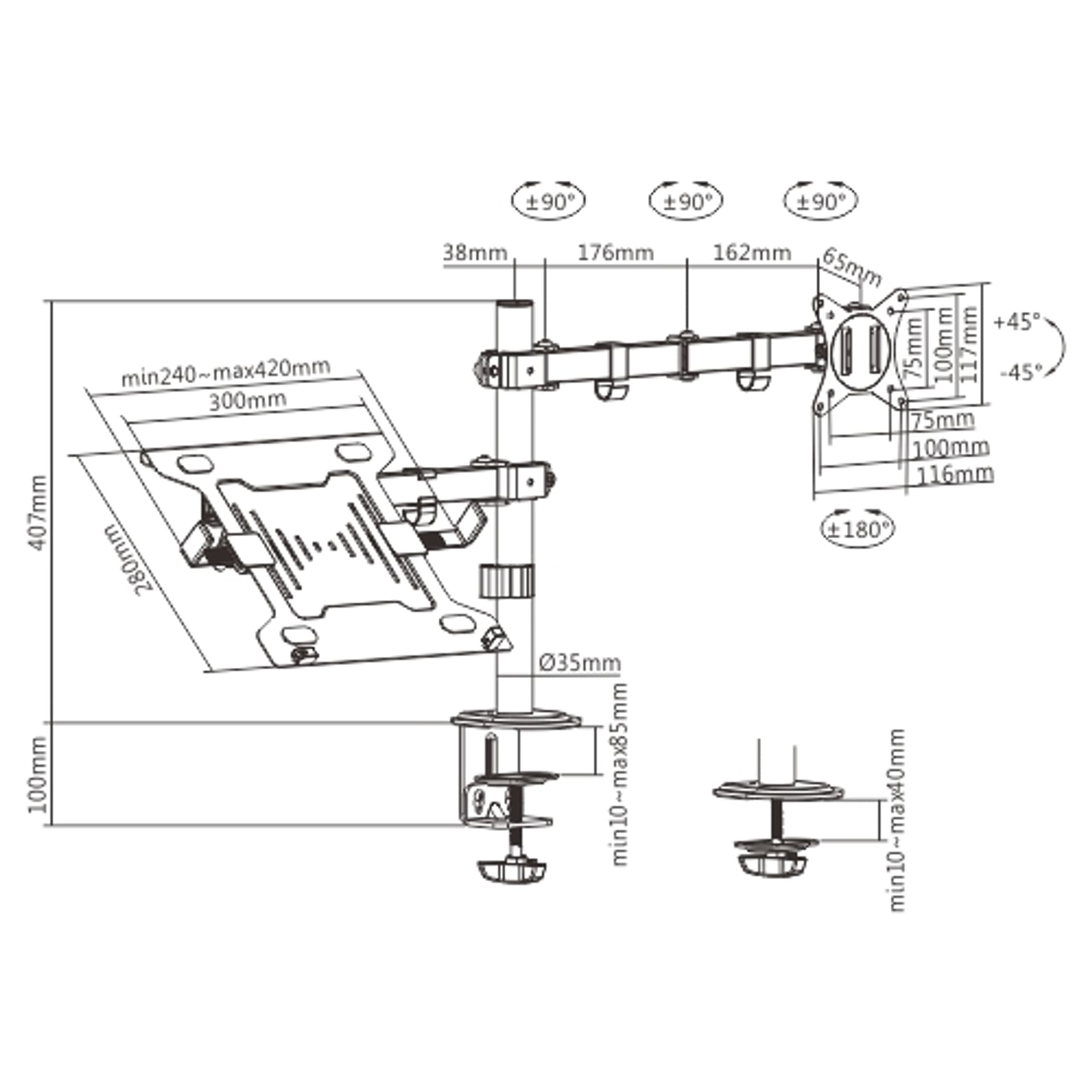 

GEMBIRD BIURKOWE REGULOWANE RAMIĘ/UCHWYT Z RAMIENIEM NA MONITOR I PODSTAWKĄ NA NOTEBOOKA 17-32, 100X100MM, DO 9KG