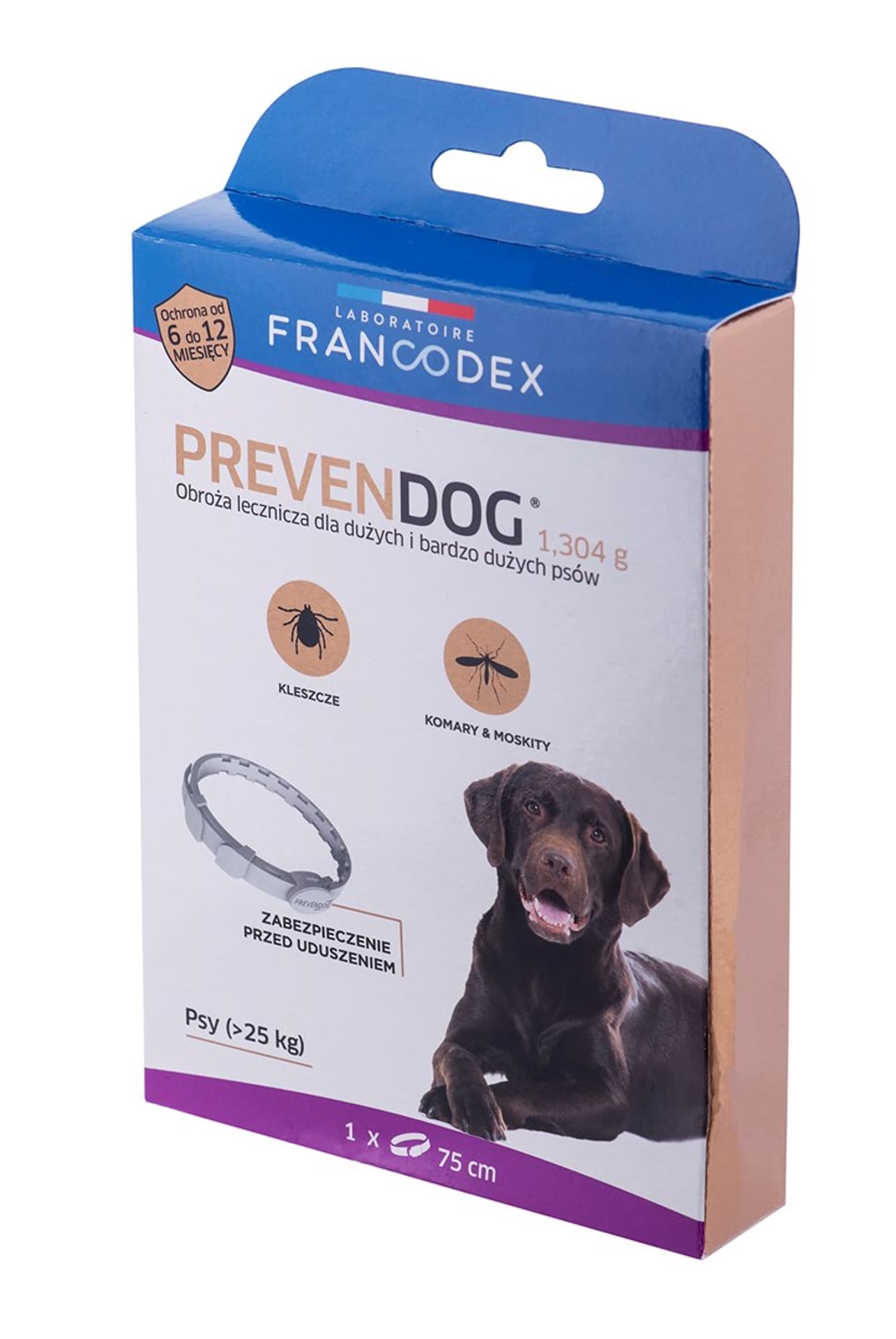 

FRANCODEX Obroża biobójcza PREVENDOG 75 cm dla dużych i bardzo dużych psów pow. 25 kg - 1 szt.