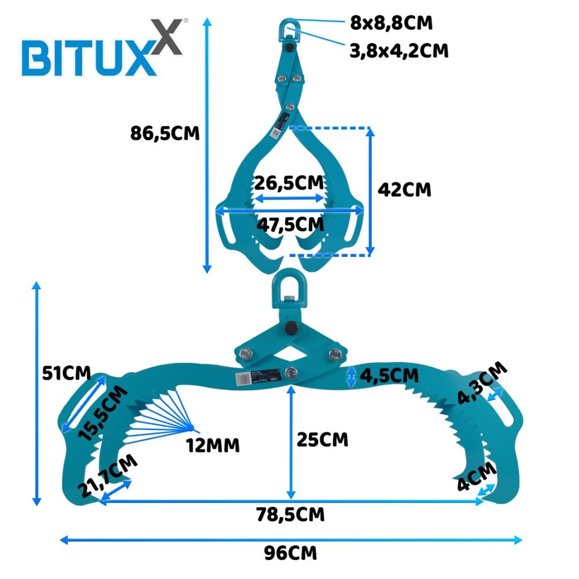 

Szczypce do transportu drzewa 620mm 1200kg samozacisk Bituxx