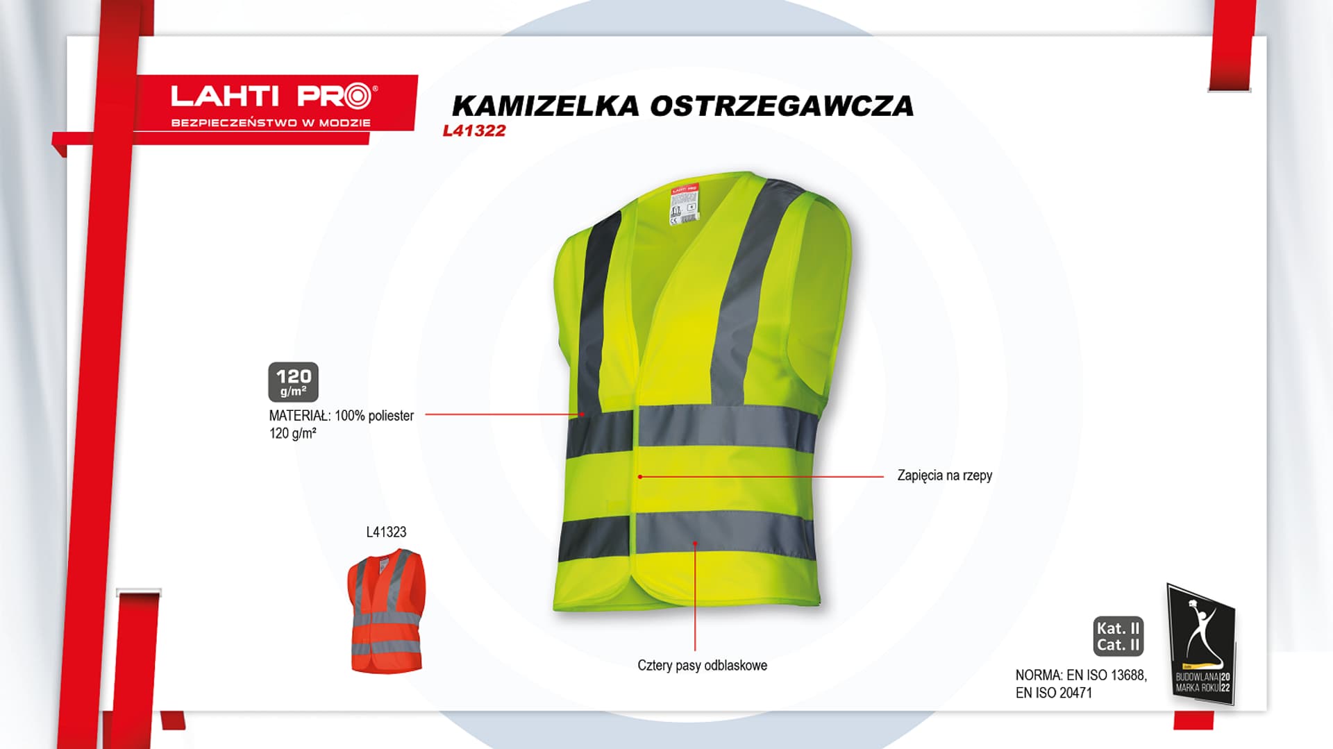 

KAMIZELKA OSTRZEGAWCZA 4 PASY, ŻÓŁTA, "L", CE, LAHTI