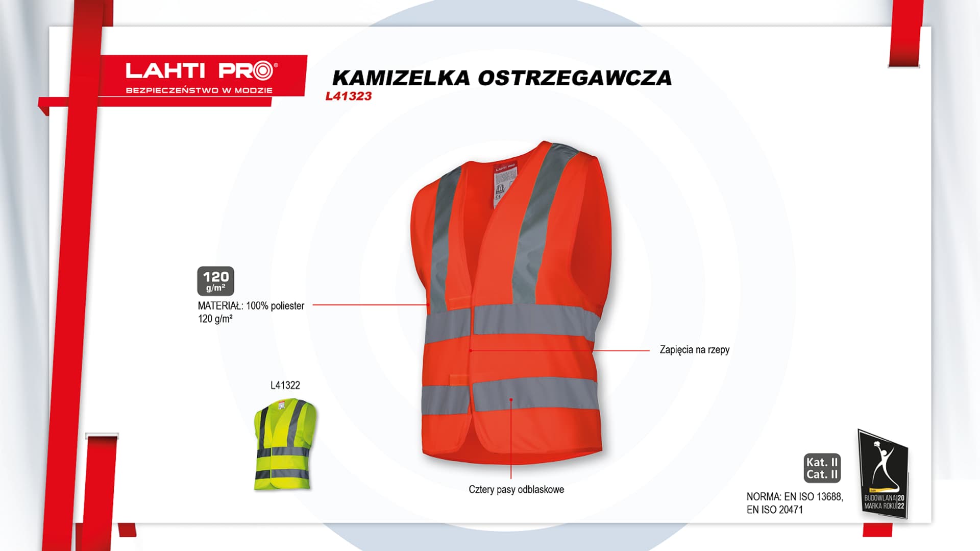 

KAMIZELKA OSTRZEGAWCZA 4 PASY, POMARAŃCZOWA, "L", CE, LAHTI