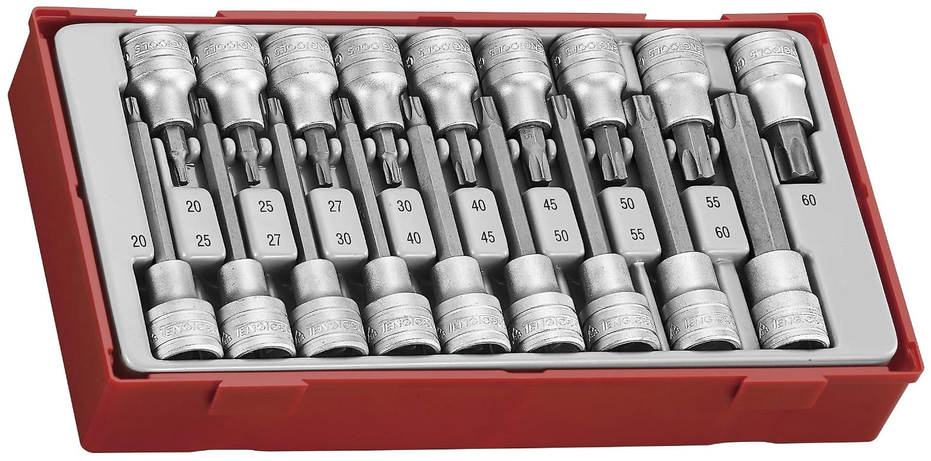 

18-elementowy zestaw grotów nasadkowych typu TX z chwytem kwadratowym 1/2" Teng Tools TTTX18
