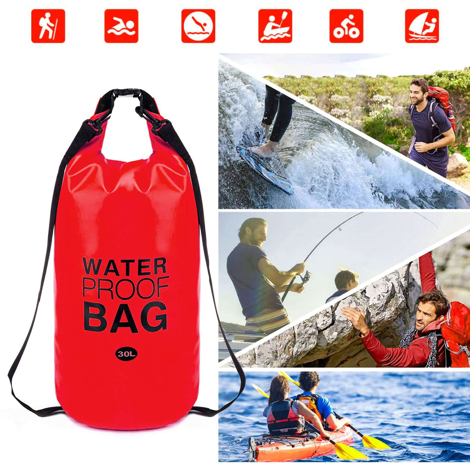 

Worek wodoszczelny wodoodporny 30L Pokrowiec Torba na kajak żagle PVC do sportu Czerwony