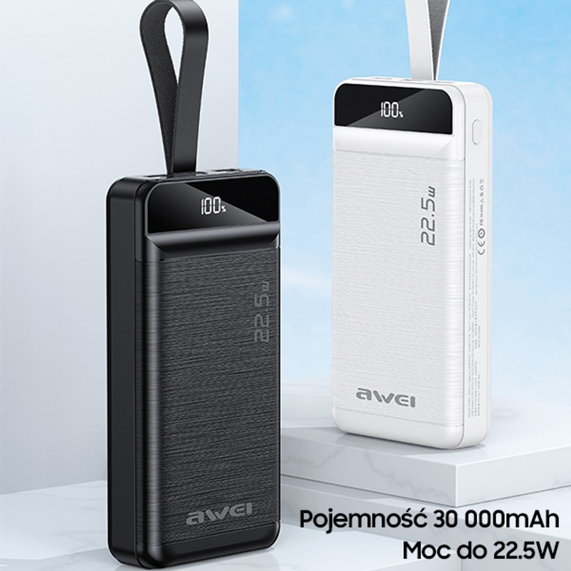 

AWEI PowerBank P140K 30000mAh 22.5W czarny/black 3xUSB/PD/Lightning wyświetlacz + lampka LED