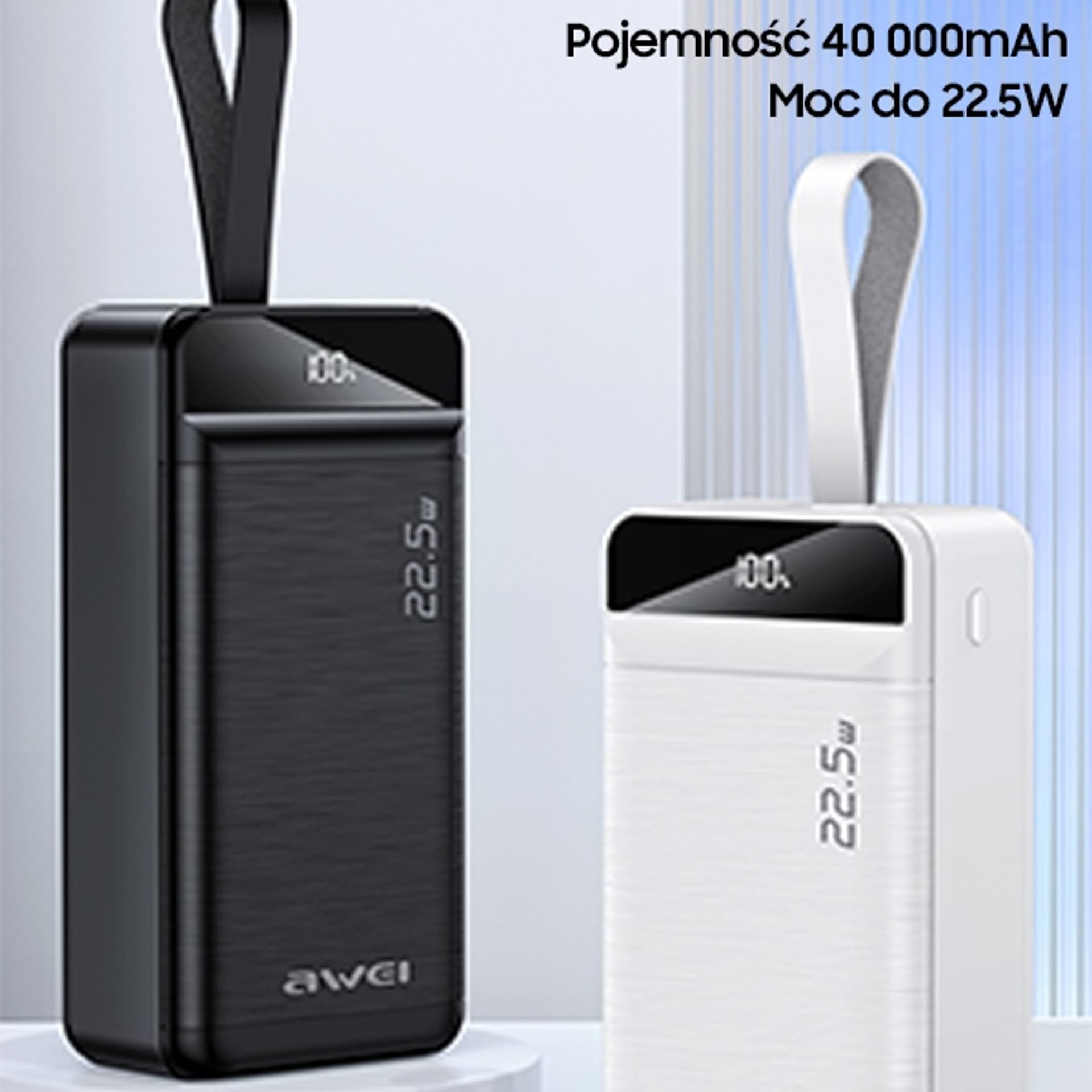 

AWEI PowerBank P141K 40000mAh 22.5W czarny/black 3xUSB/PD/Lightning wyświetlacz + lampka LED