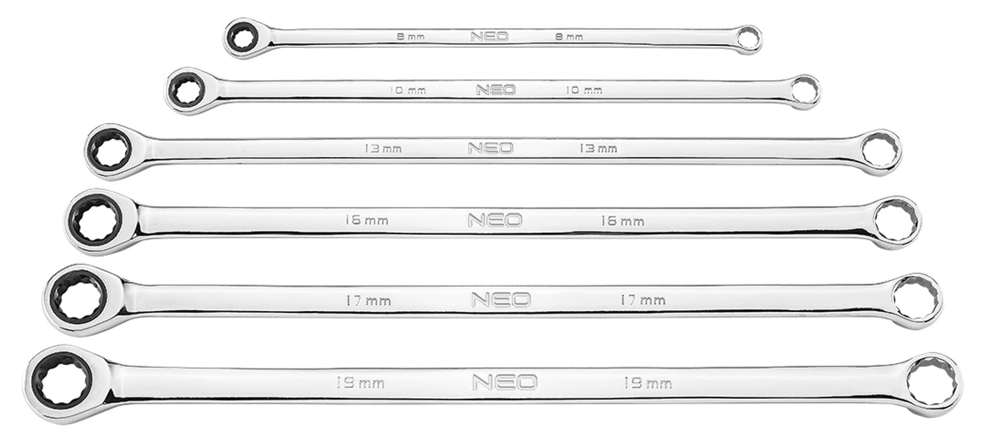 

Klucze oczkowe z grzechotką, długie, zestaw 6 szt., 8 - 19 mm, miękkie etui