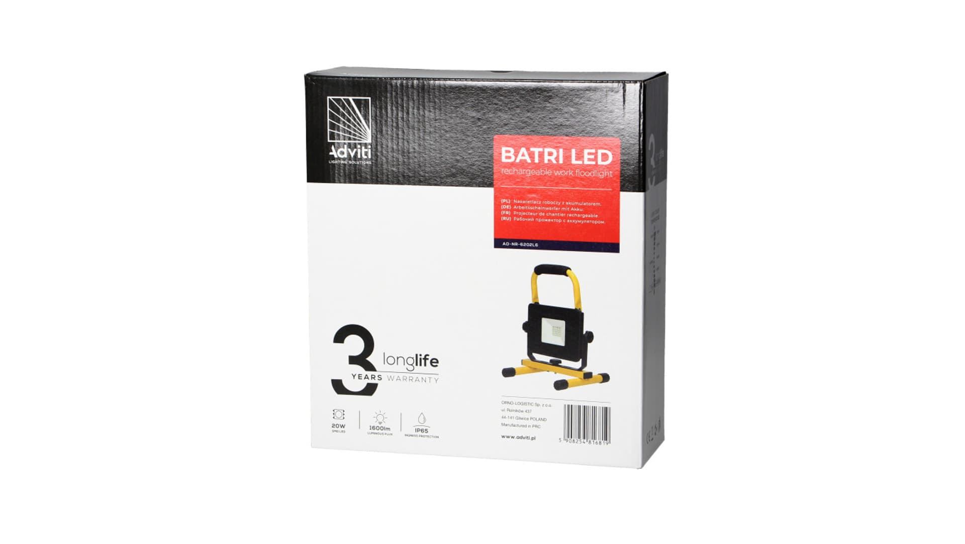

BATRI LED 20W, Naświetlacz roboczy, przenośny z akum., 1600lm, IP65, 6500K, 4400mAh AD-NR-6202L6
