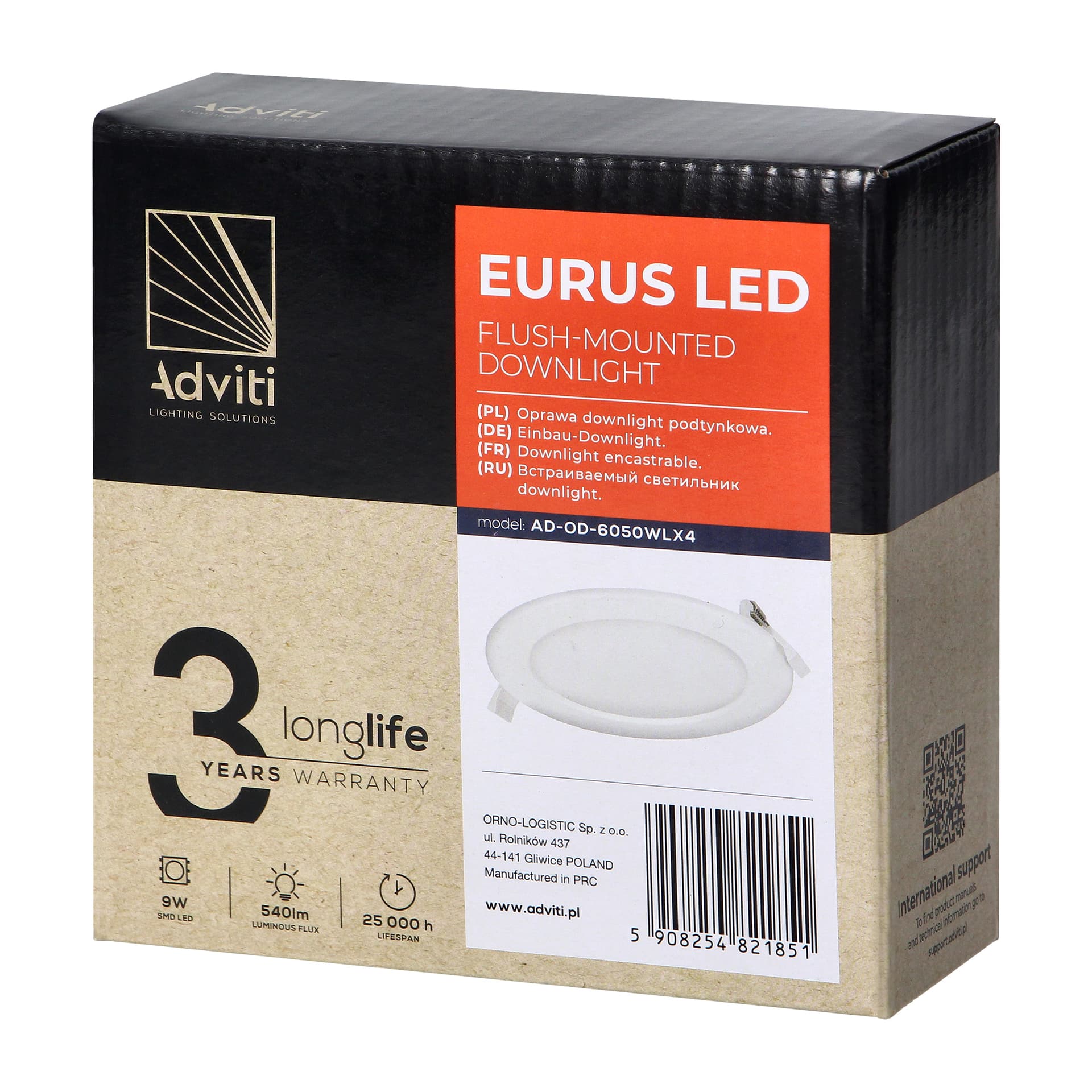 

EURUS LED 9W, oprawa downlight, podtynkowa, okrągła, 540lm, 4000K, biała, wbudowany zasilacz LED