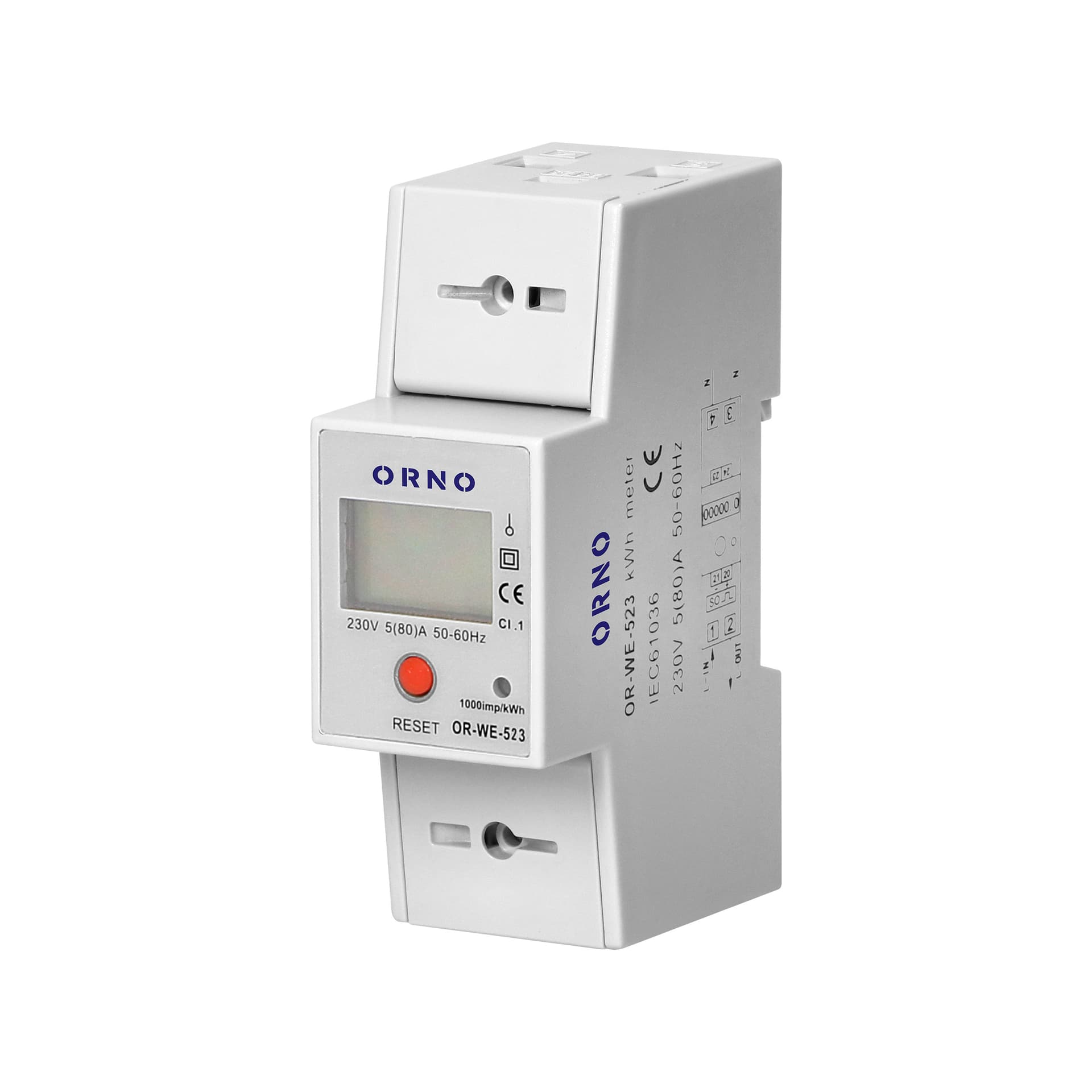

1-fazowy wskaźnik zużycia energii elektrycznej, 80A, MID, RS485, dodatkowy wskaźnik, wyjście impulsowe, przycisk RESET, 2 moduły, DIN TH-35mm