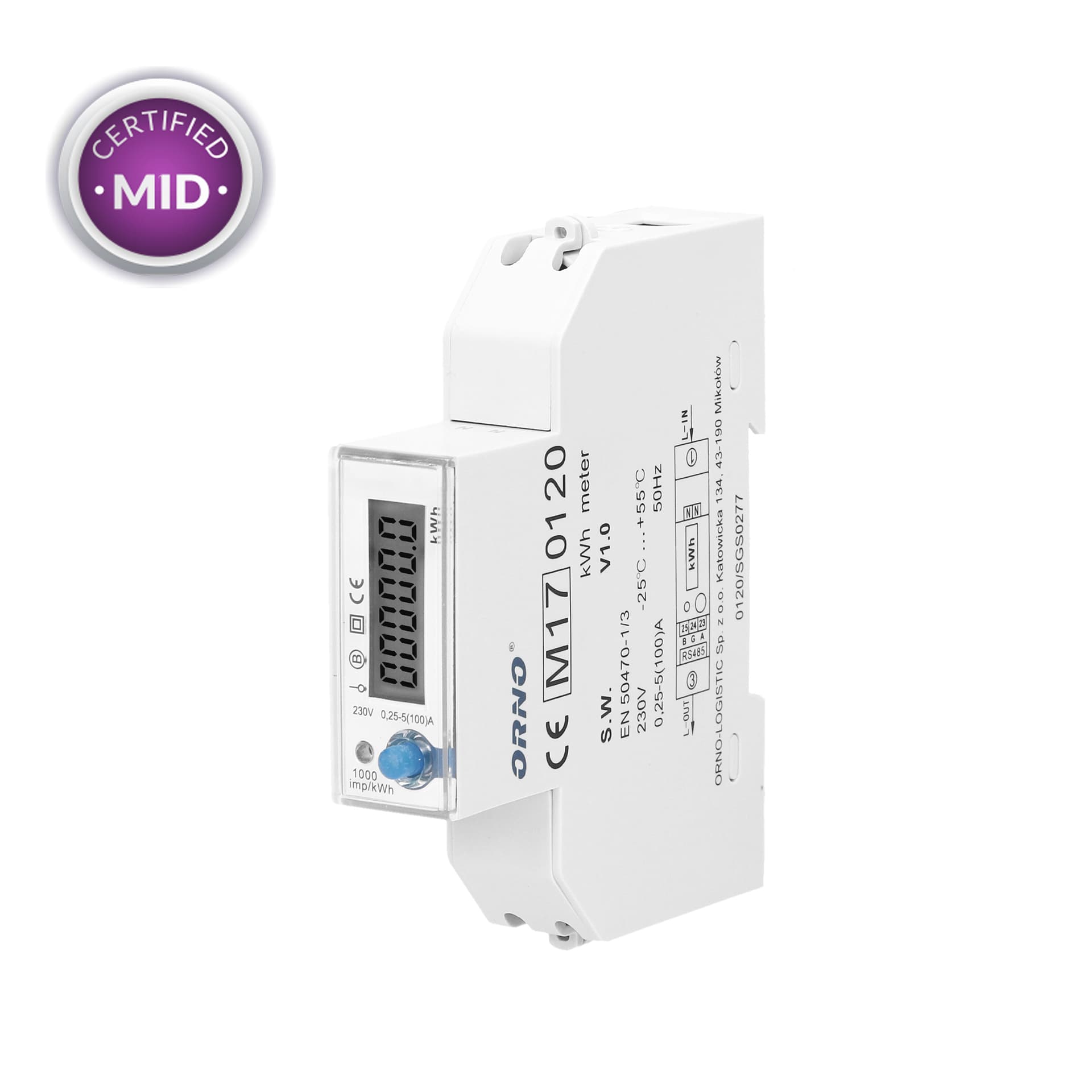 

1-fazowy licznik energii elektrycznej, 100A, port RS-485, MID, 1 moduł, DIN TH-35mm, PV